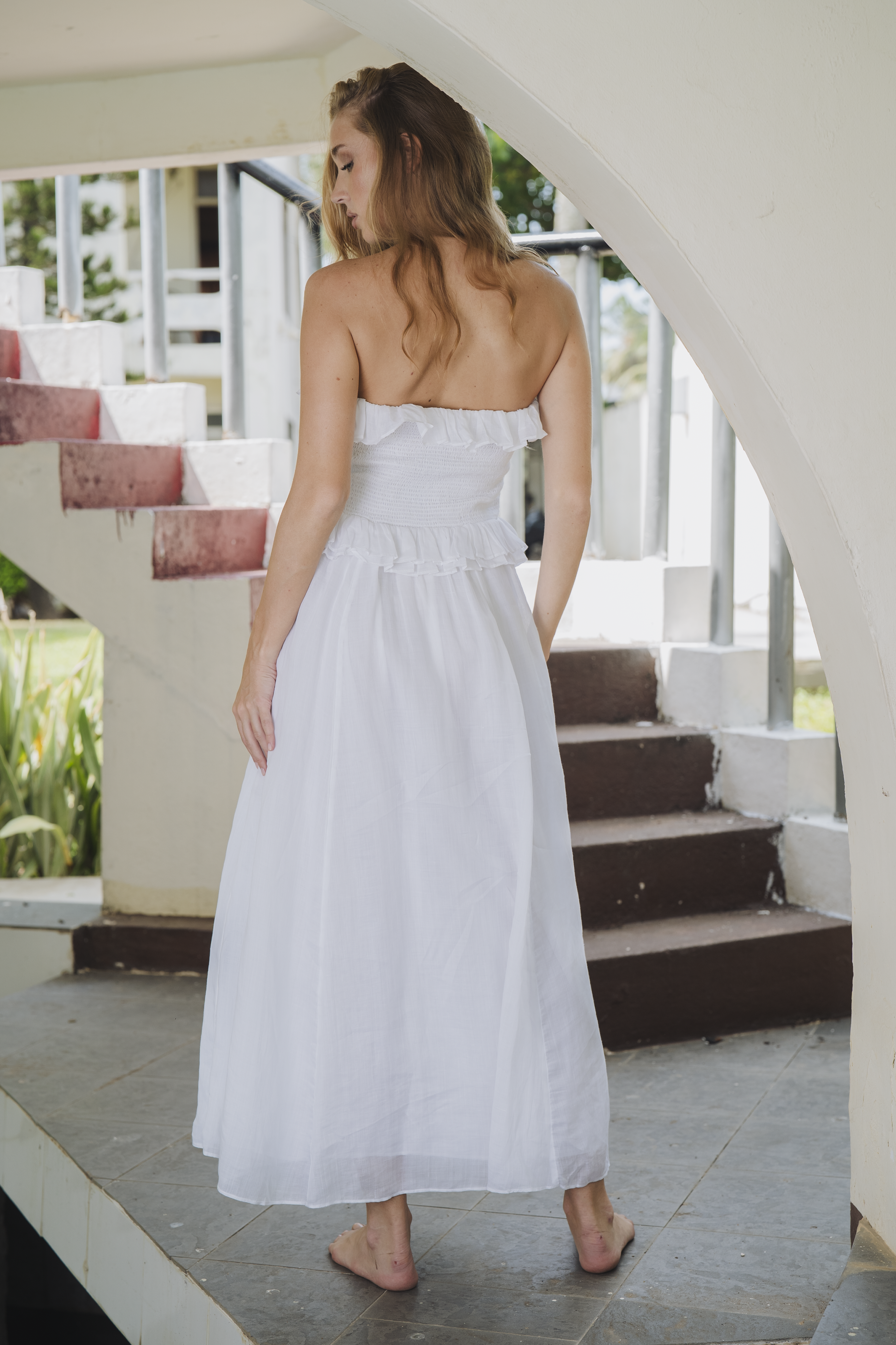 Smocked White Midi Dress