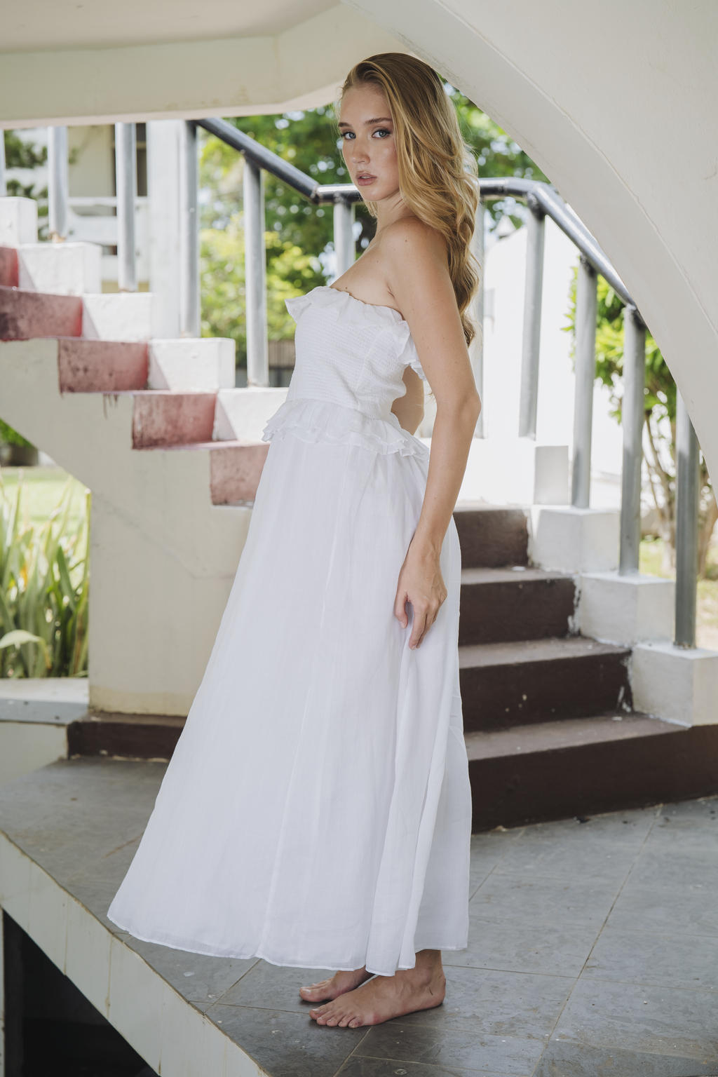 Smocked White Midi Dress