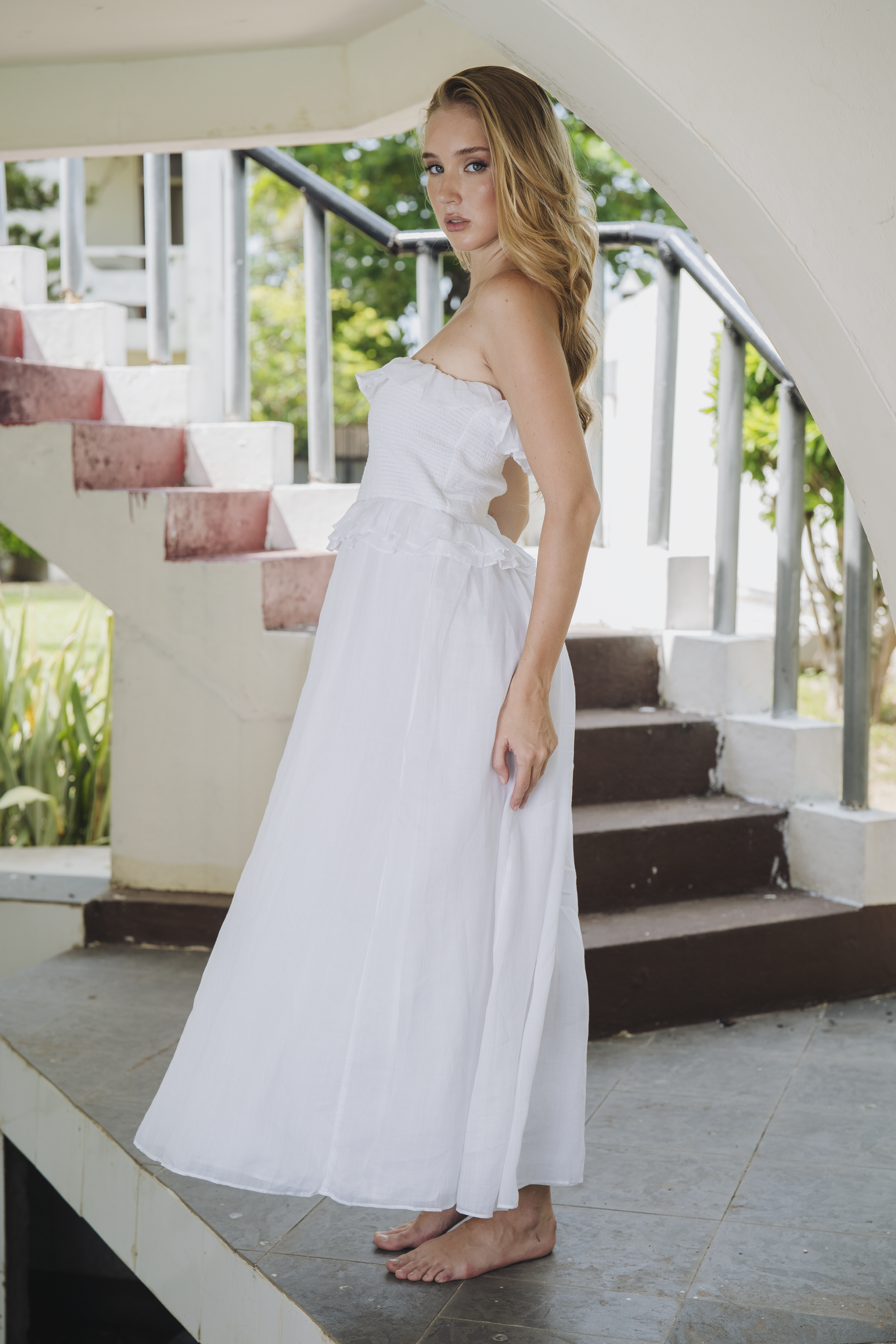 Smocked White Midi Dress