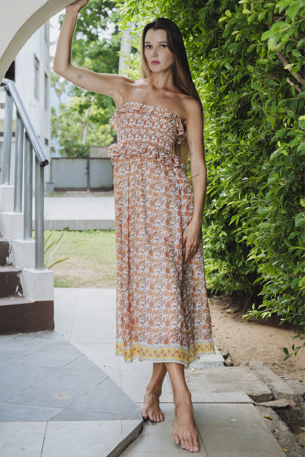 Orange Smocked Midi Dress