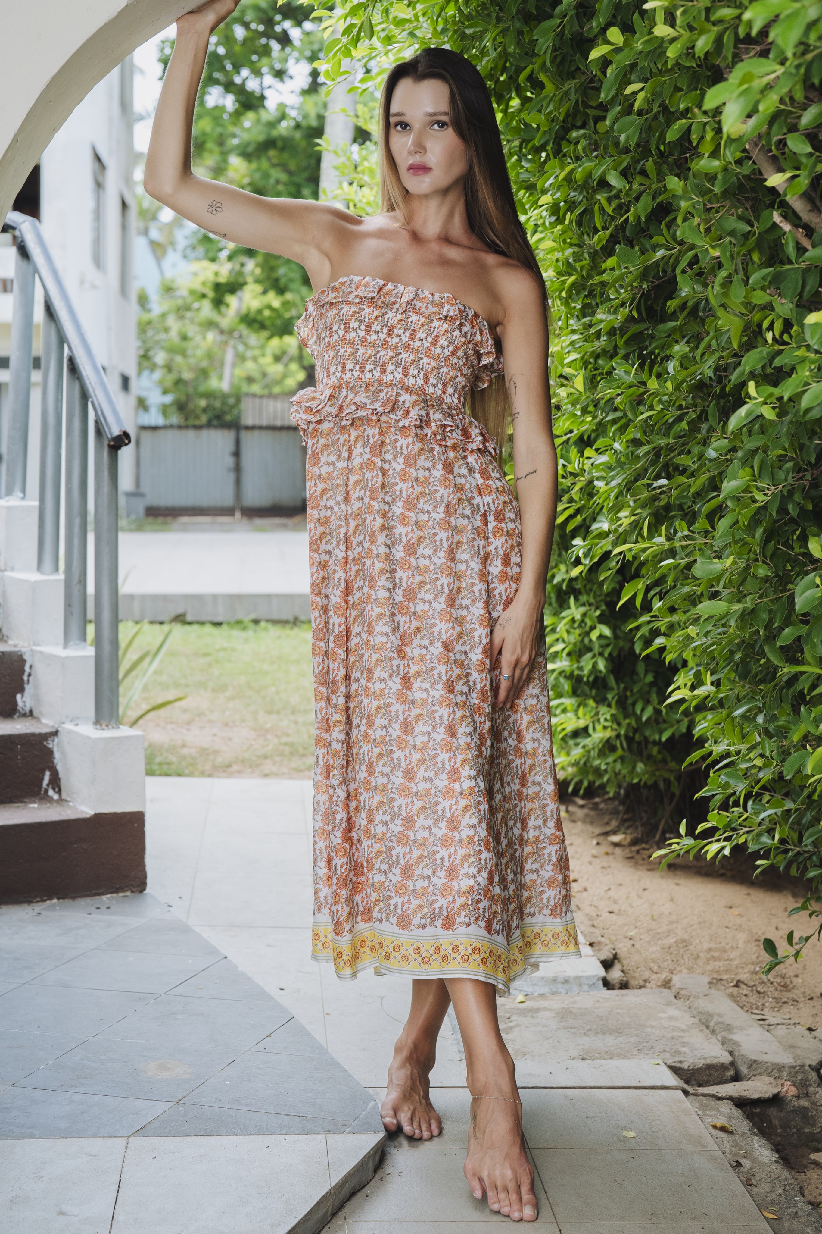 Orange Smocked Midi Dress