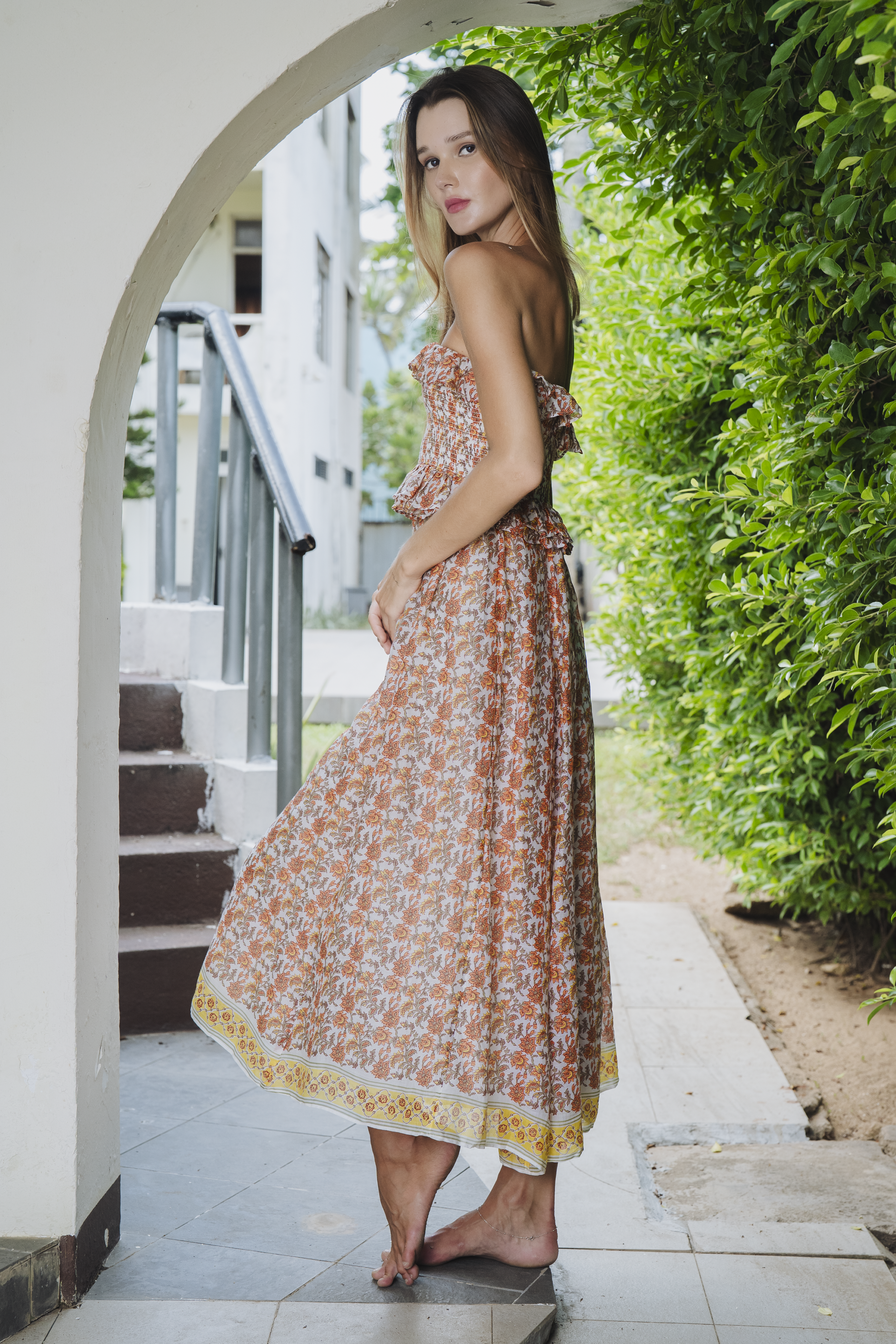 Orange Smocked Midi Dress