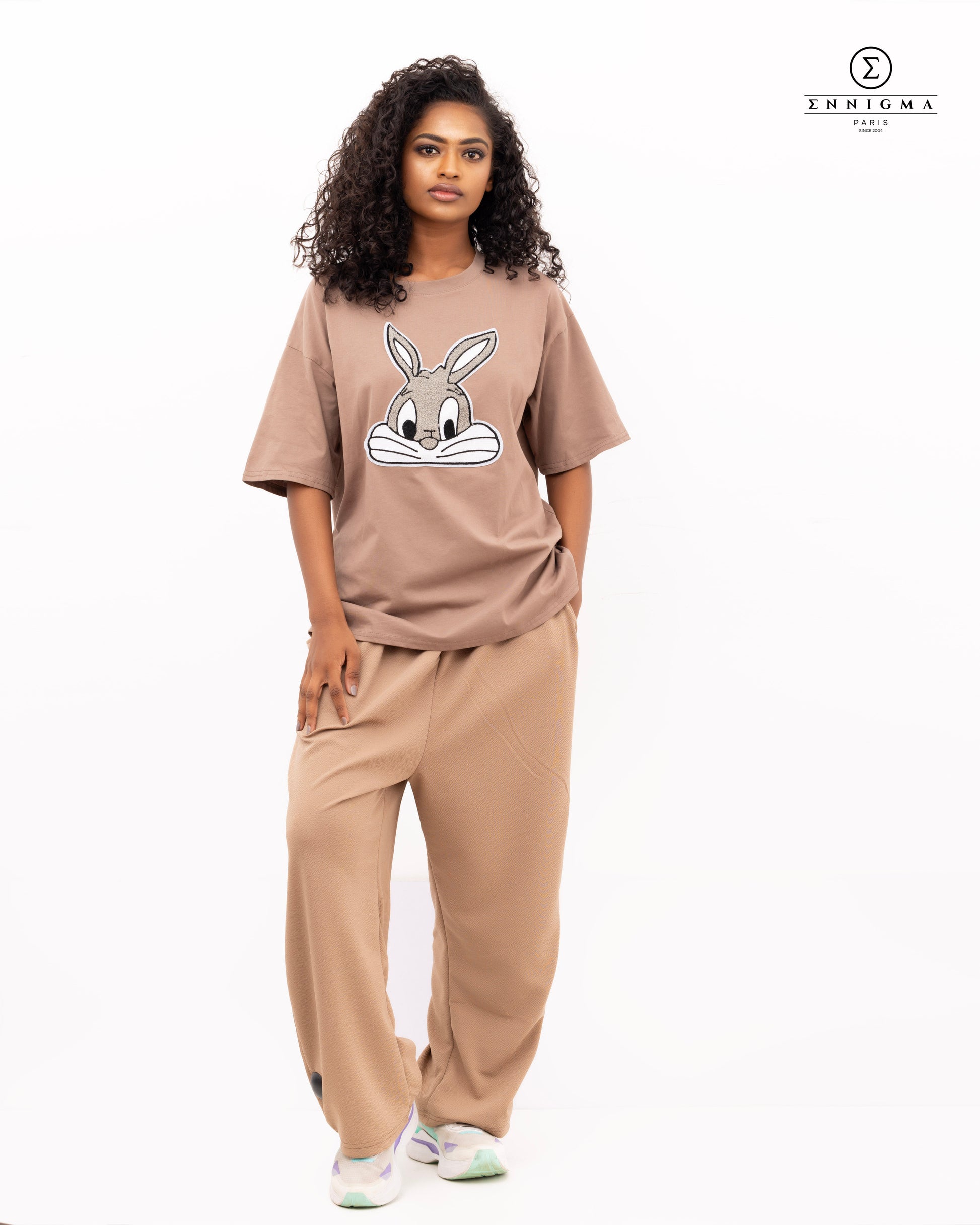 Oversized Taupe Bunny Graphic Tee