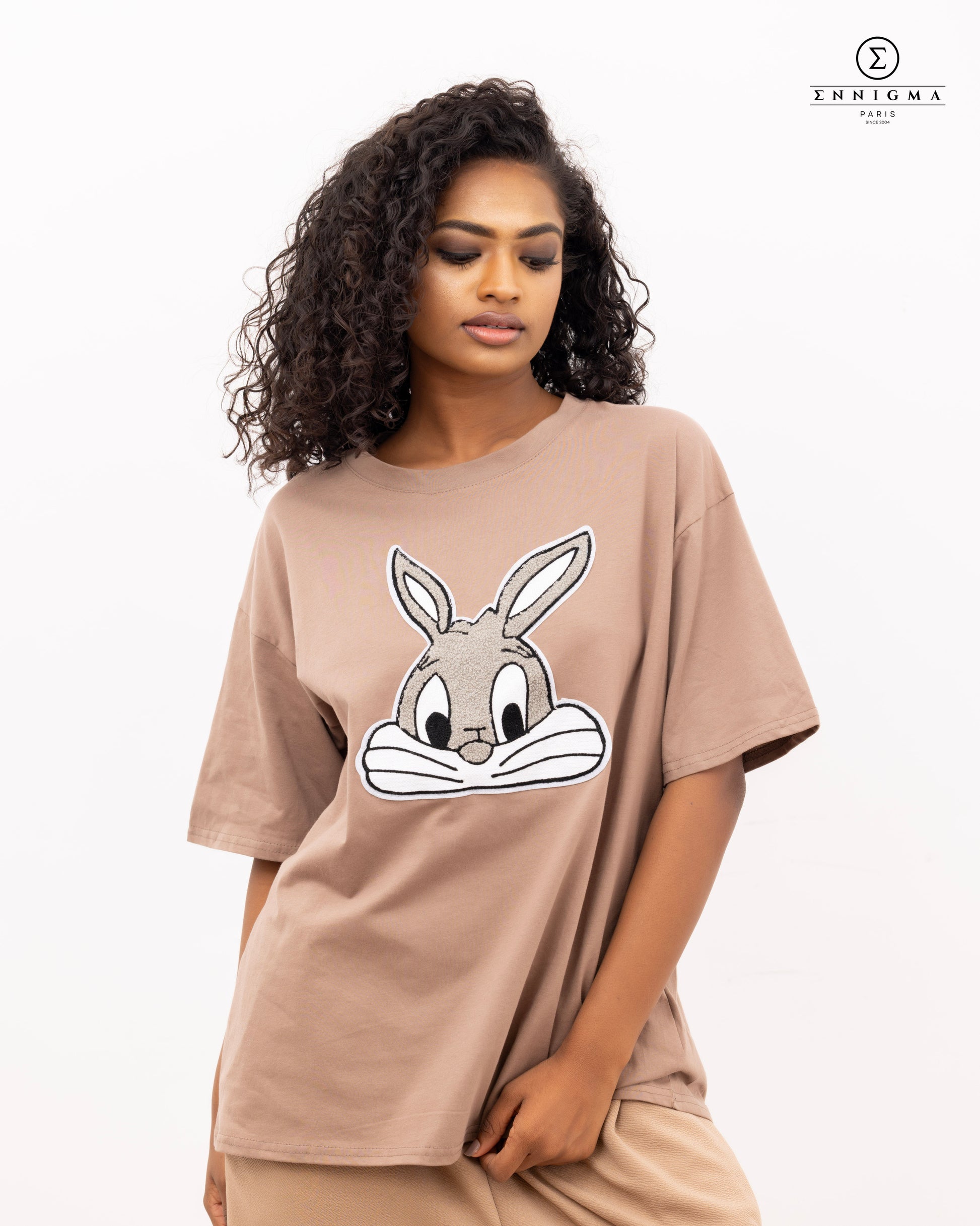Oversized Taupe Bunny Graphic Tee