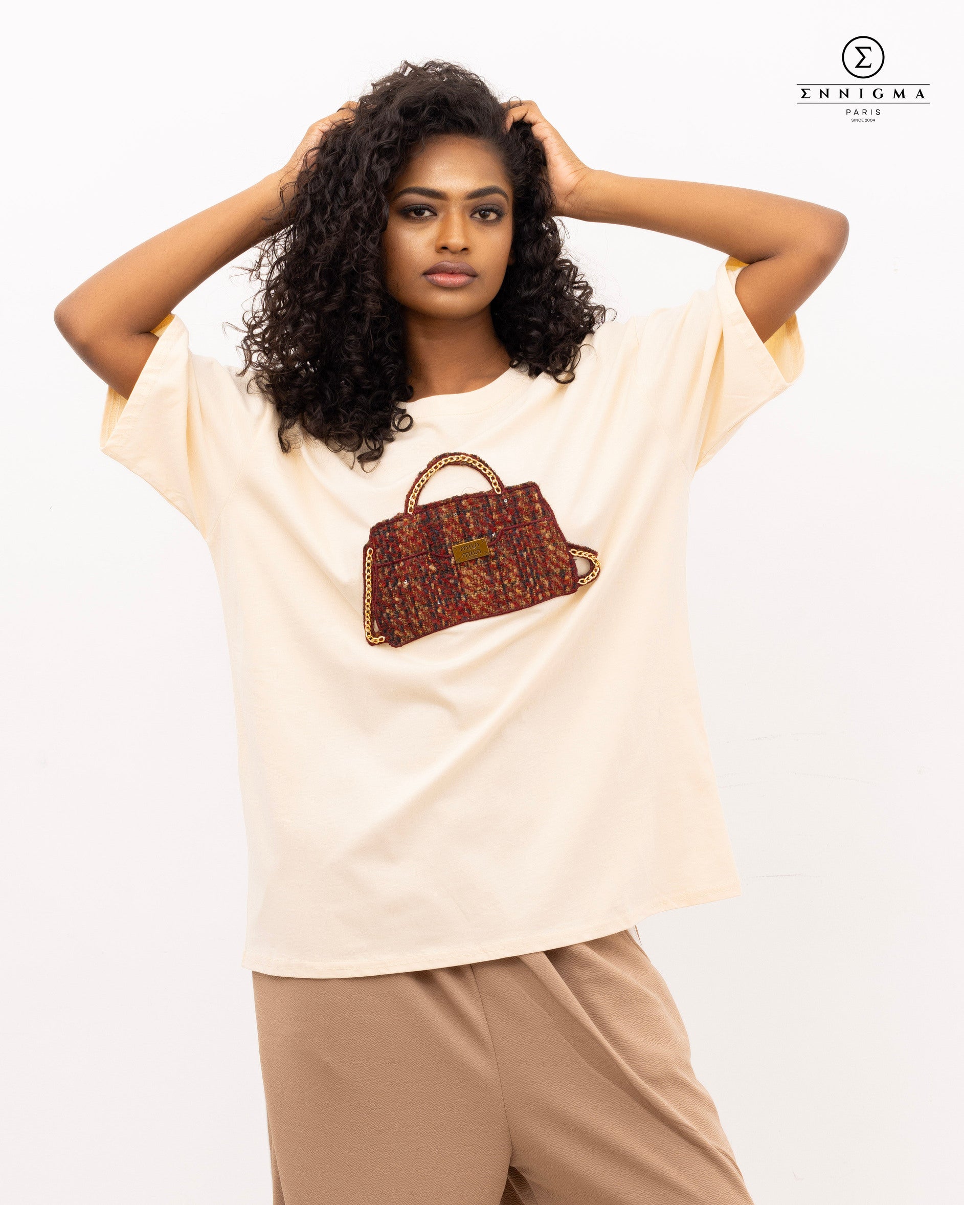 Cream Oversized Tee with Tweed Bag Patch