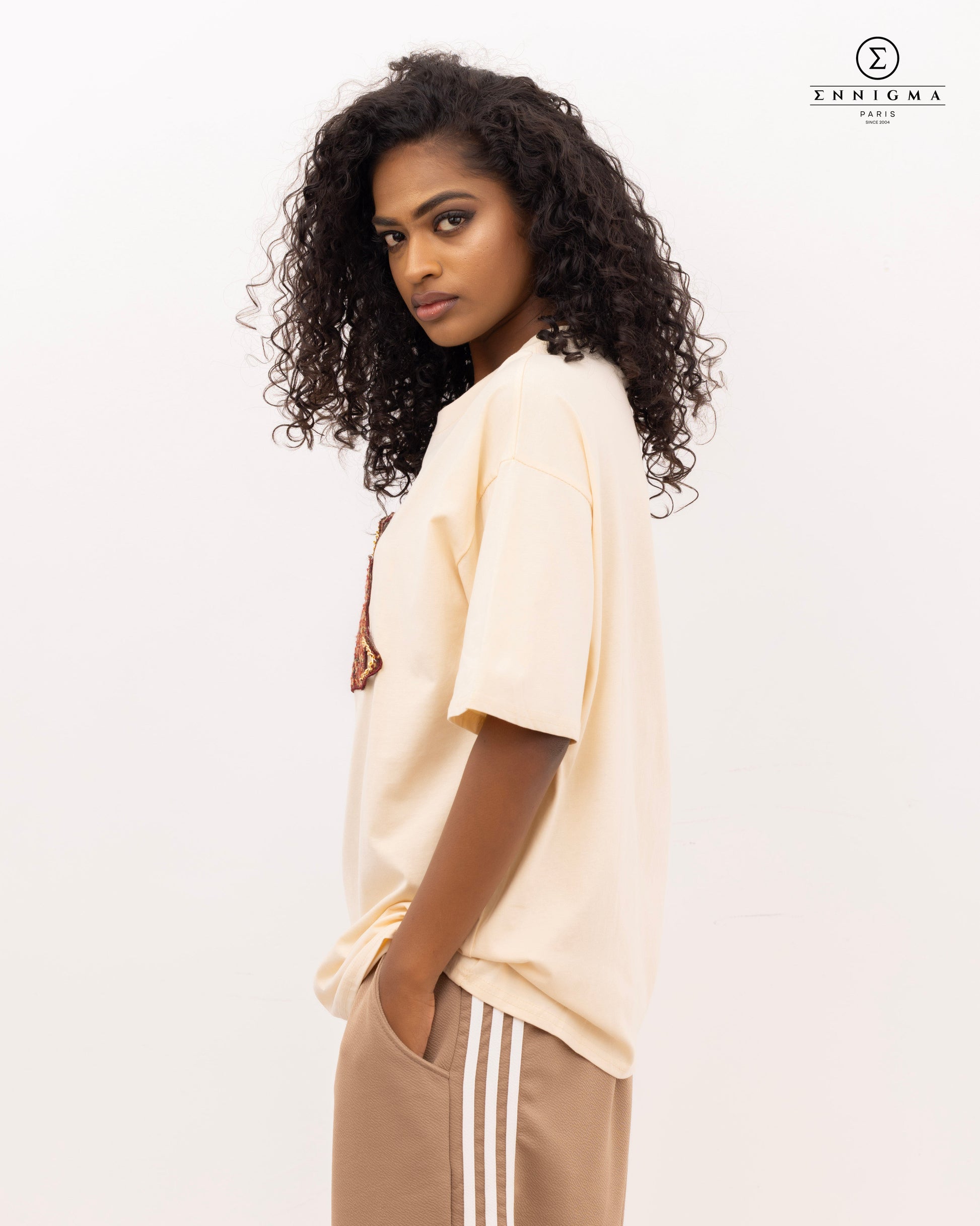 Cream Oversized Tee with Tweed Bag Patch