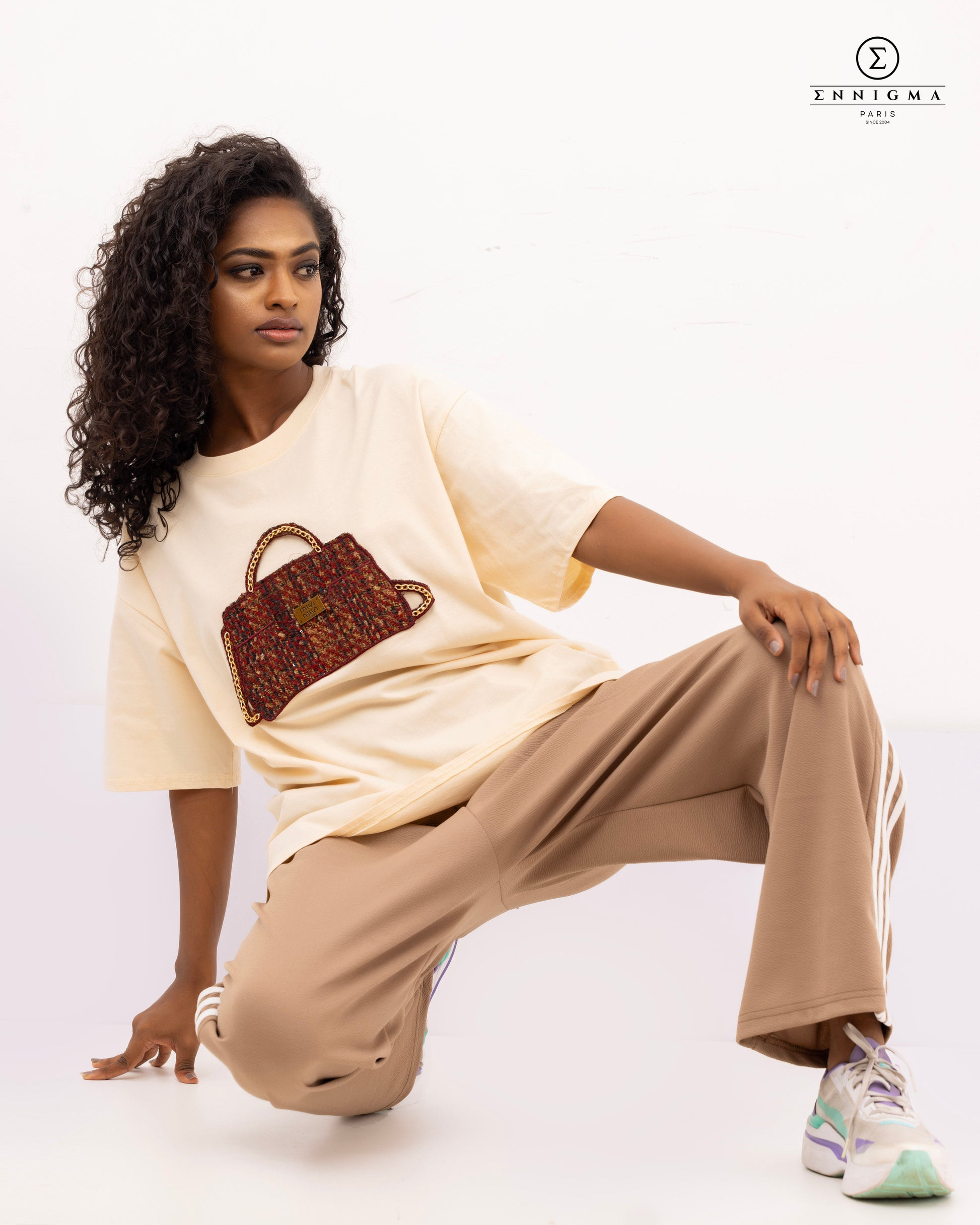 Cream Oversized Tee with Tweed Bag Patch