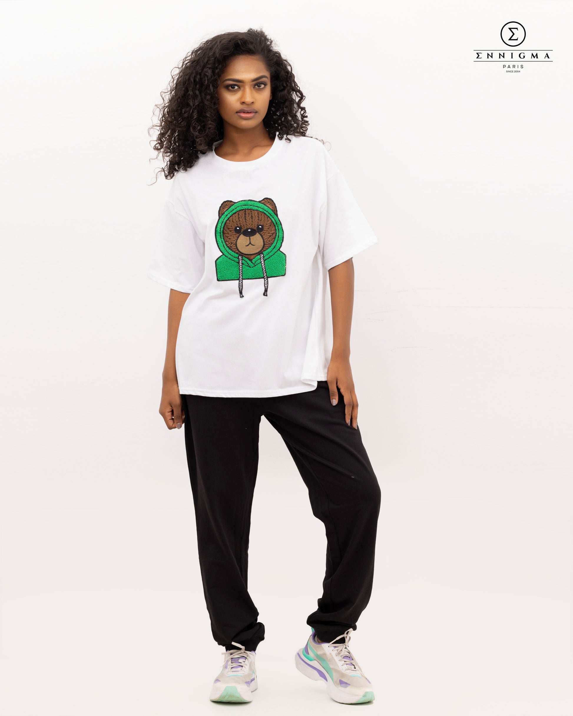 White Oversized Tee with Embroidered Hoodie Bear