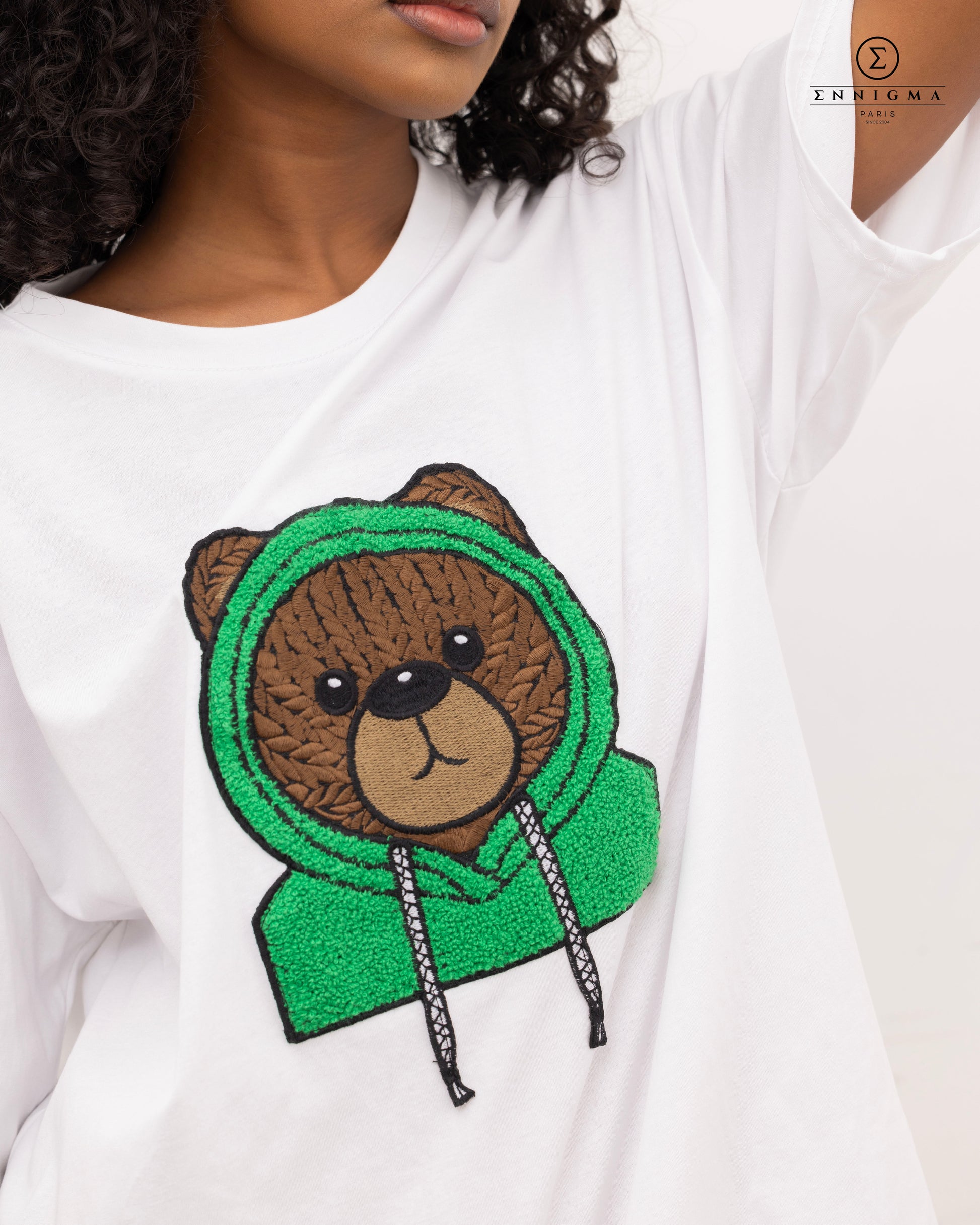 White Oversized Tee with Embroidered Hoodie Bear