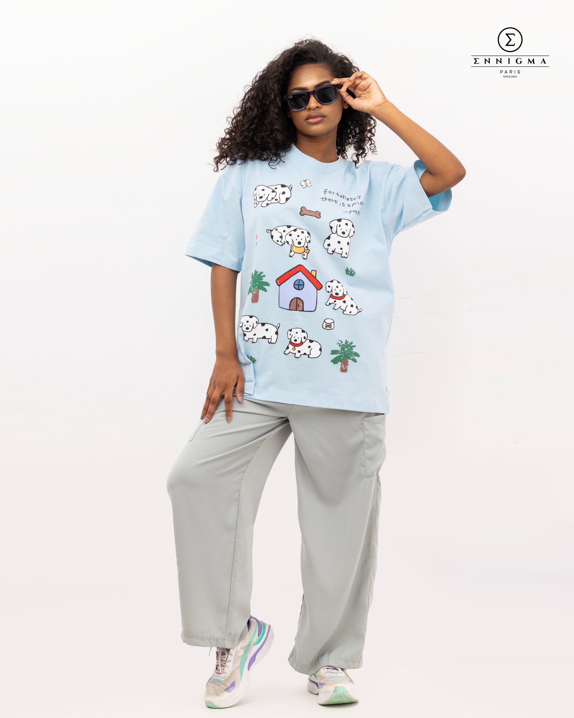 Sky Blue Puppy Graphic Oversized Tee