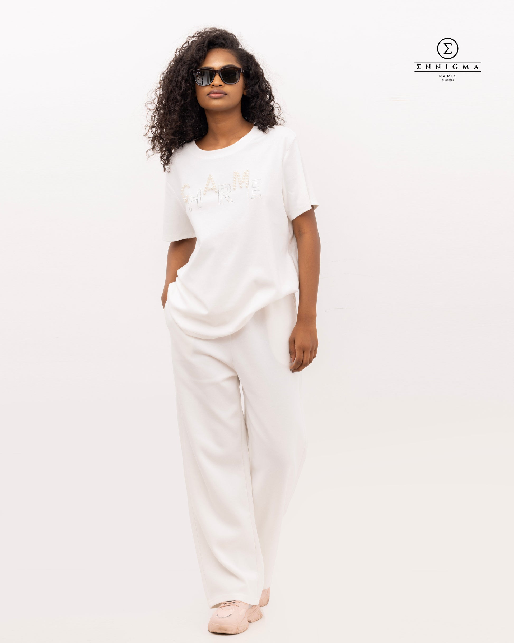 Charme Pearl Embellished White Tee