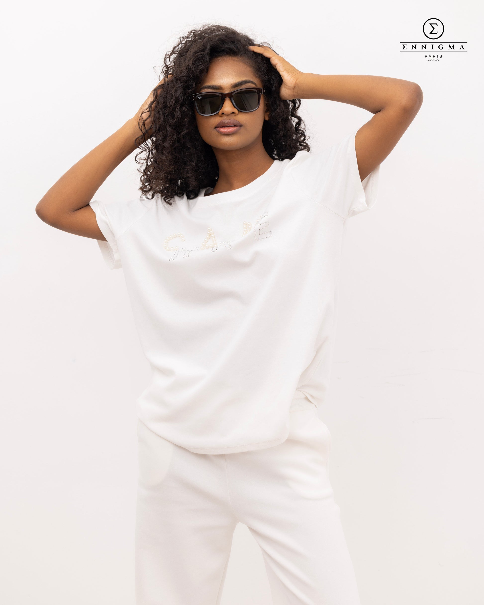 Charme Pearl Embellished White Tee