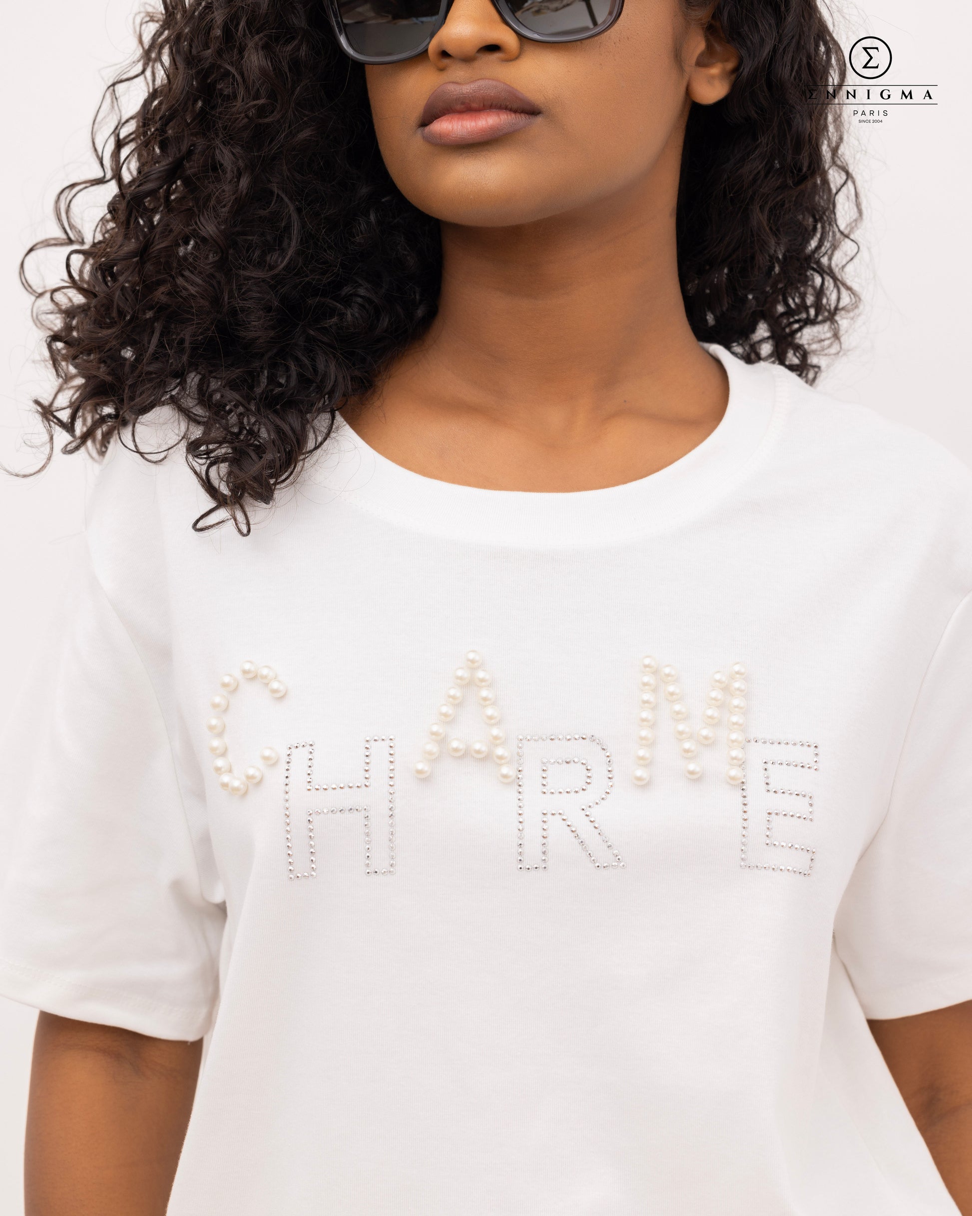 Charme Pearl Embellished White Tee