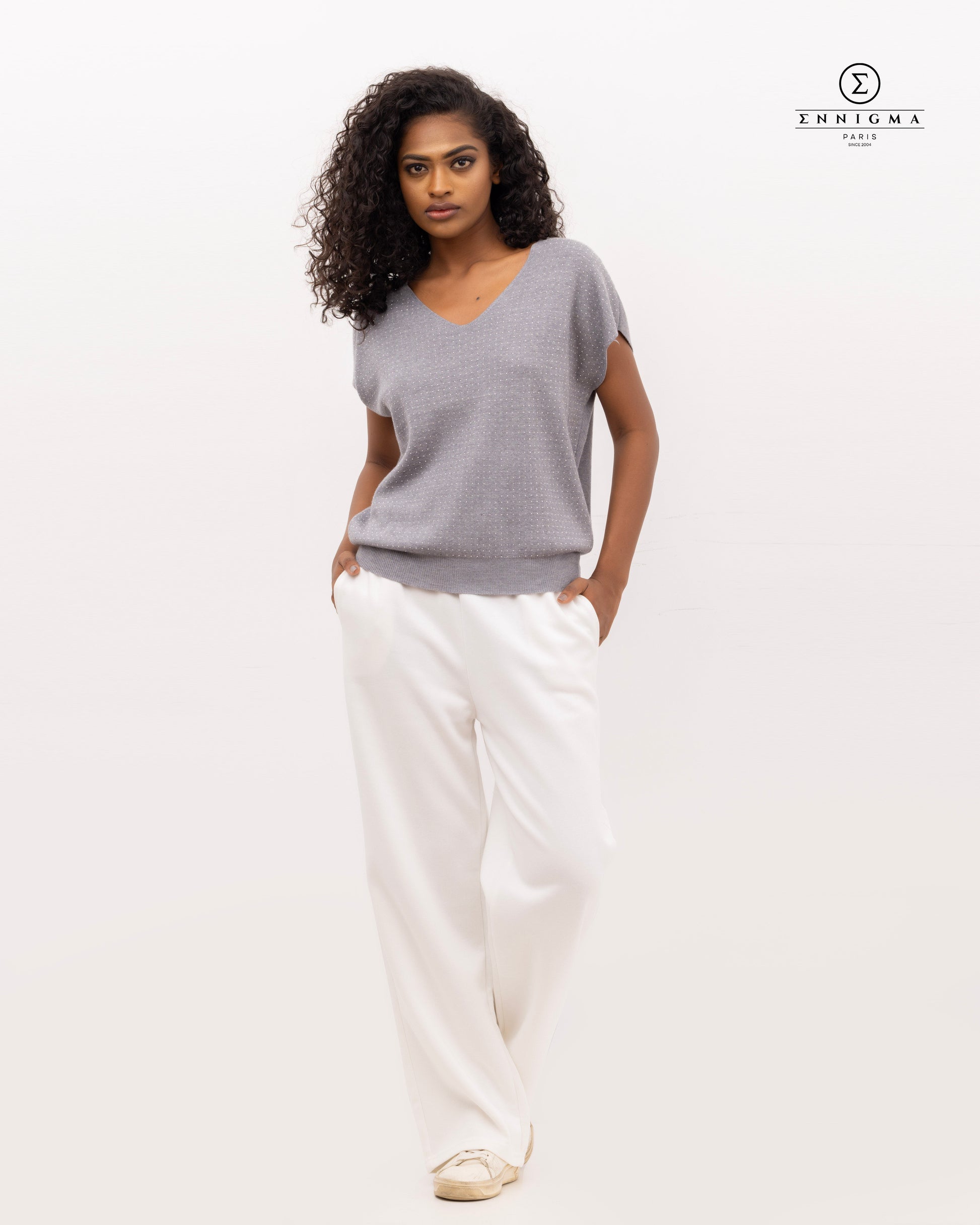 Dusty Grey Textured V-Neck Knit Top
