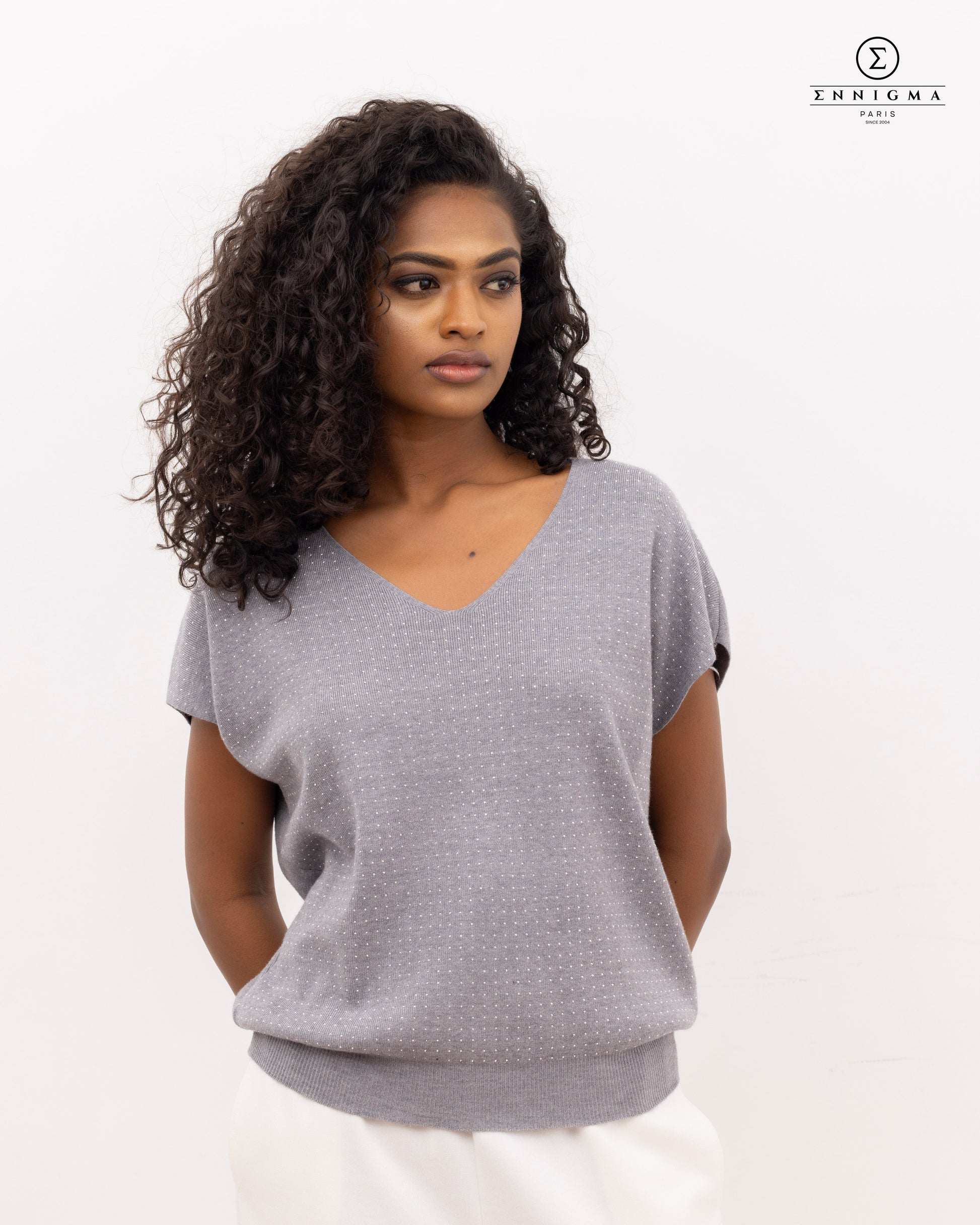 Dusty Grey Textured V-Neck Knit Top
