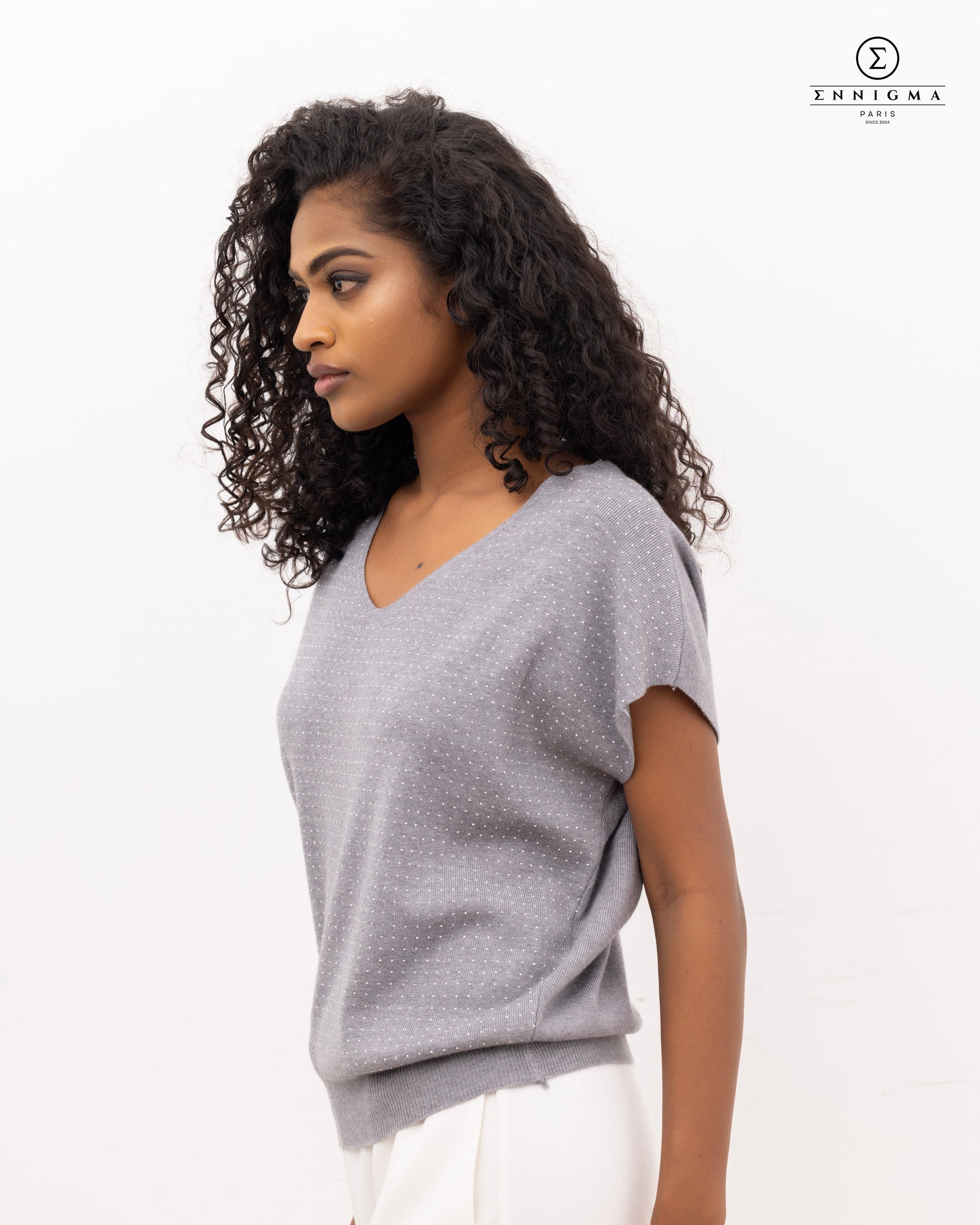Dusty Grey Textured V-Neck Knit Top