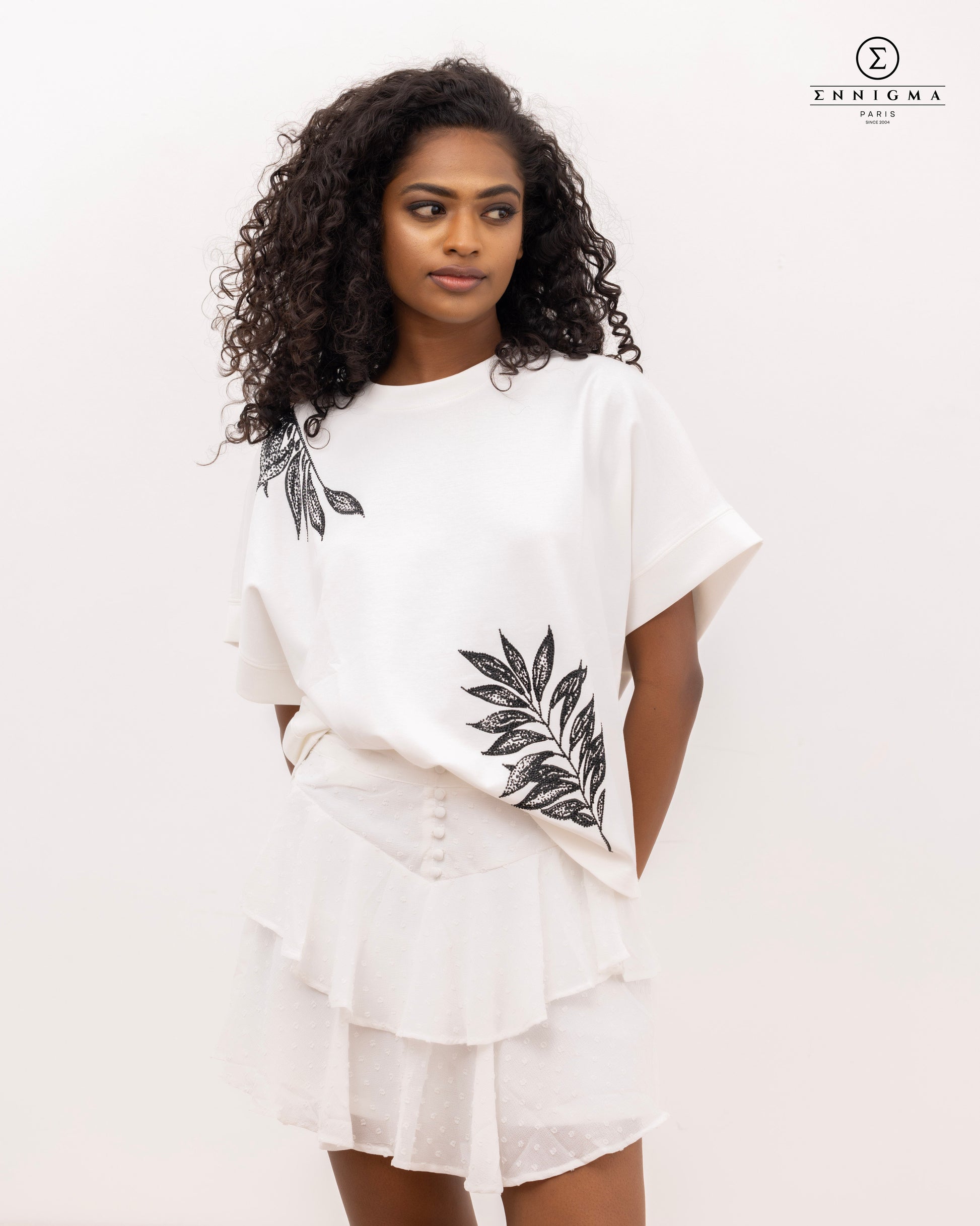Boxy White Tee with Black Botanical Embroidery