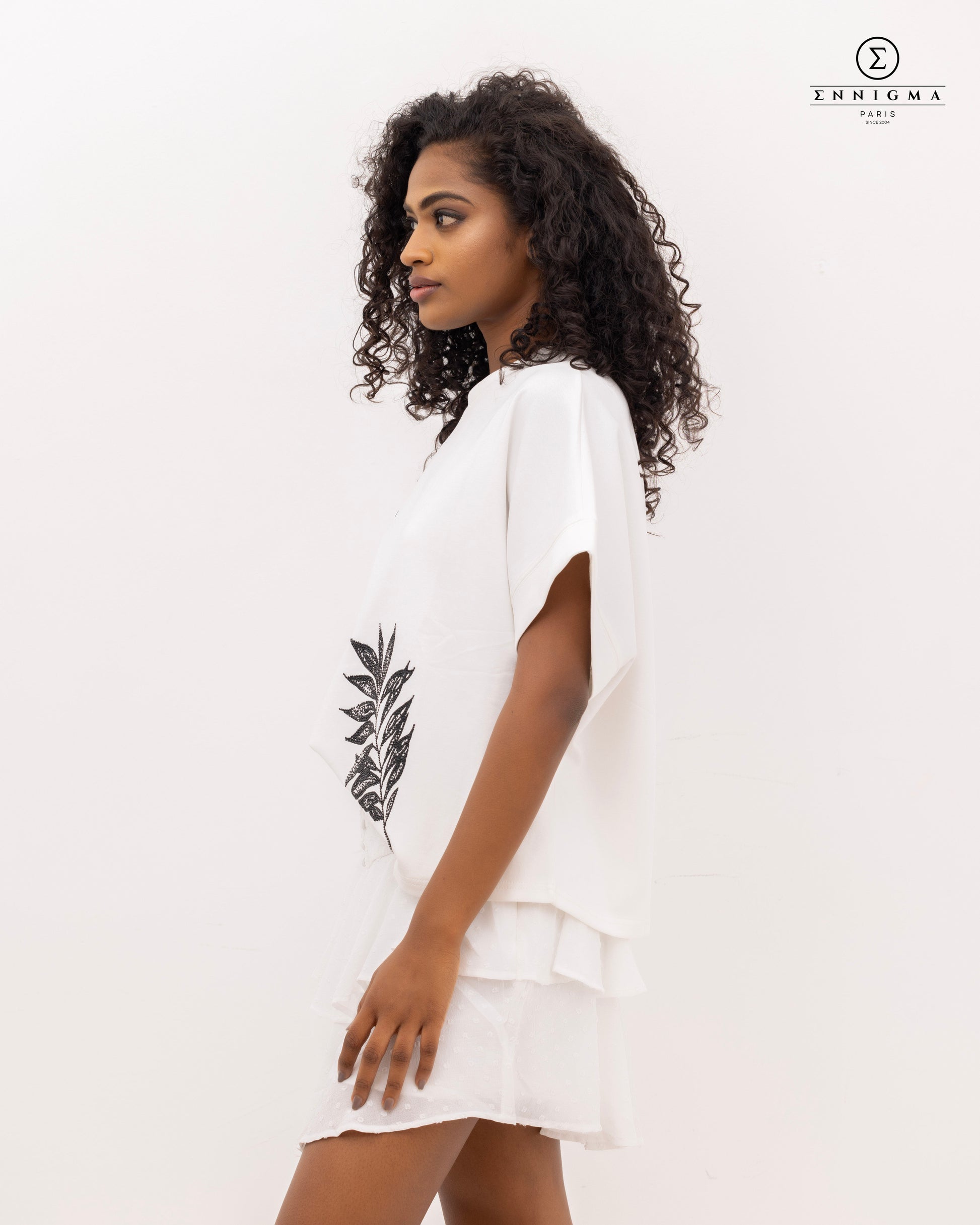 Boxy White Tee with Black Botanical Embroidery
