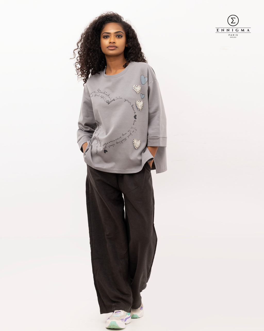 Grey Pearl Heart Embellished Sweatshirt
