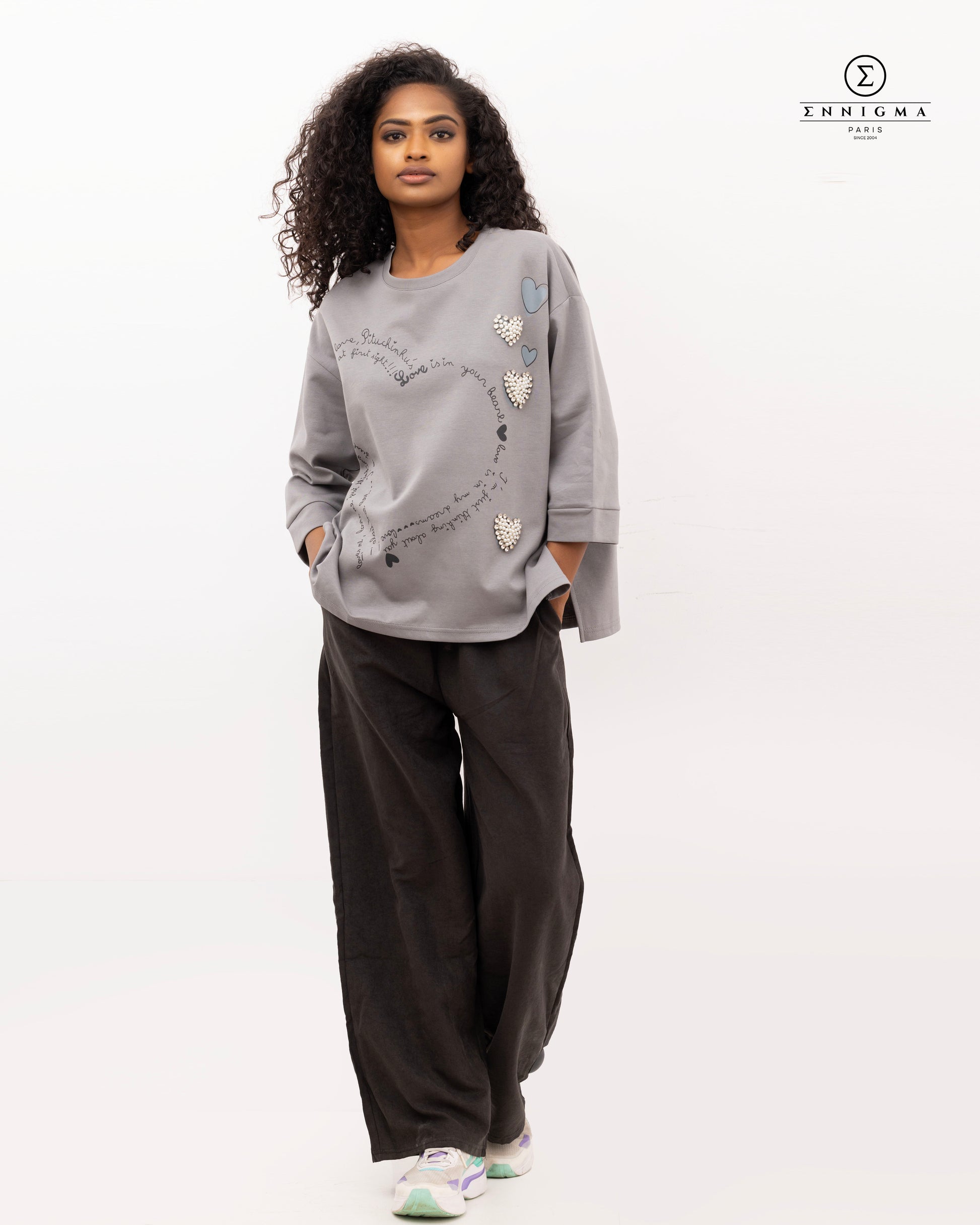 Grey Pearl Heart Embellished Sweatshirt