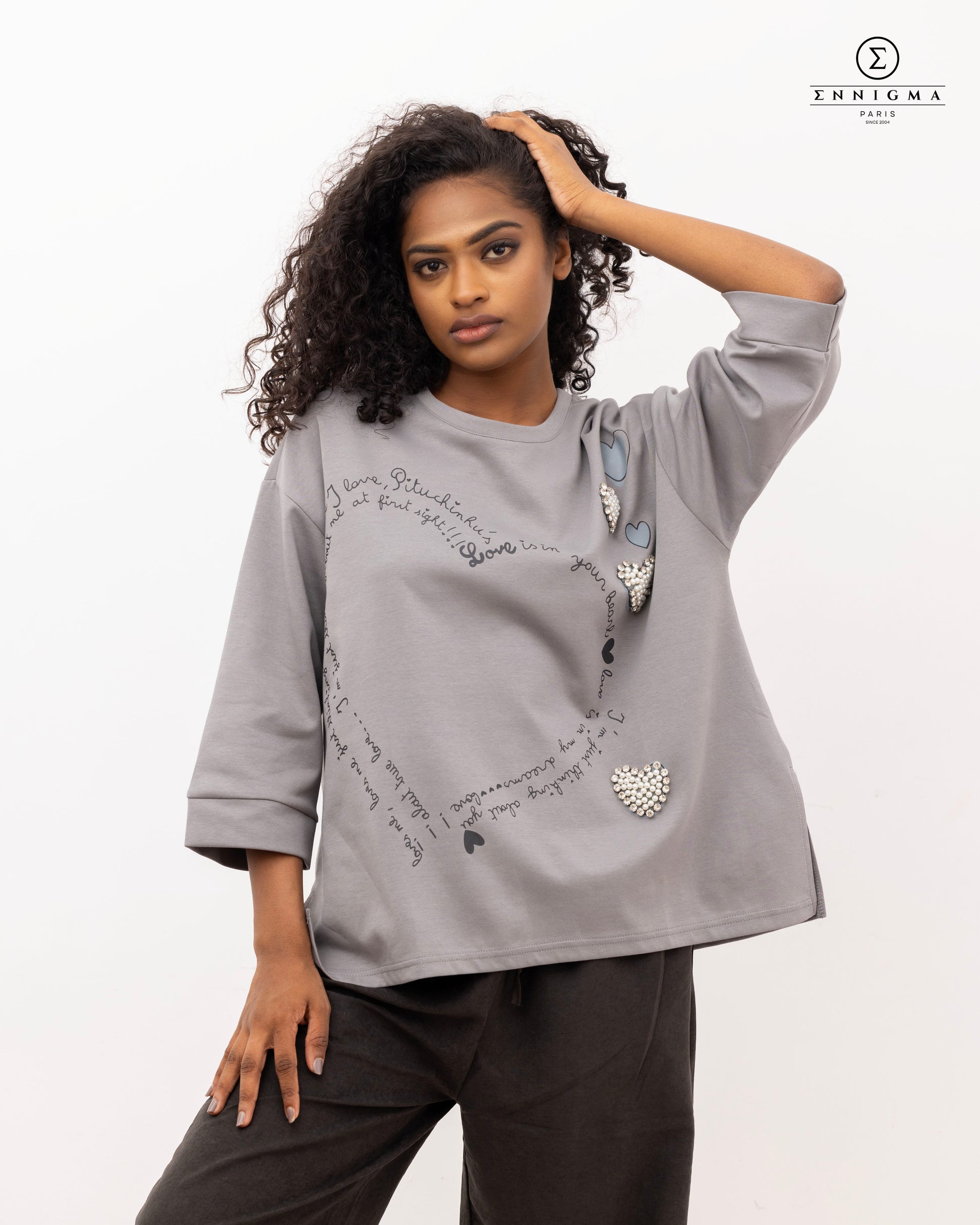 Grey Pearl Heart Embellished Sweatshirt
