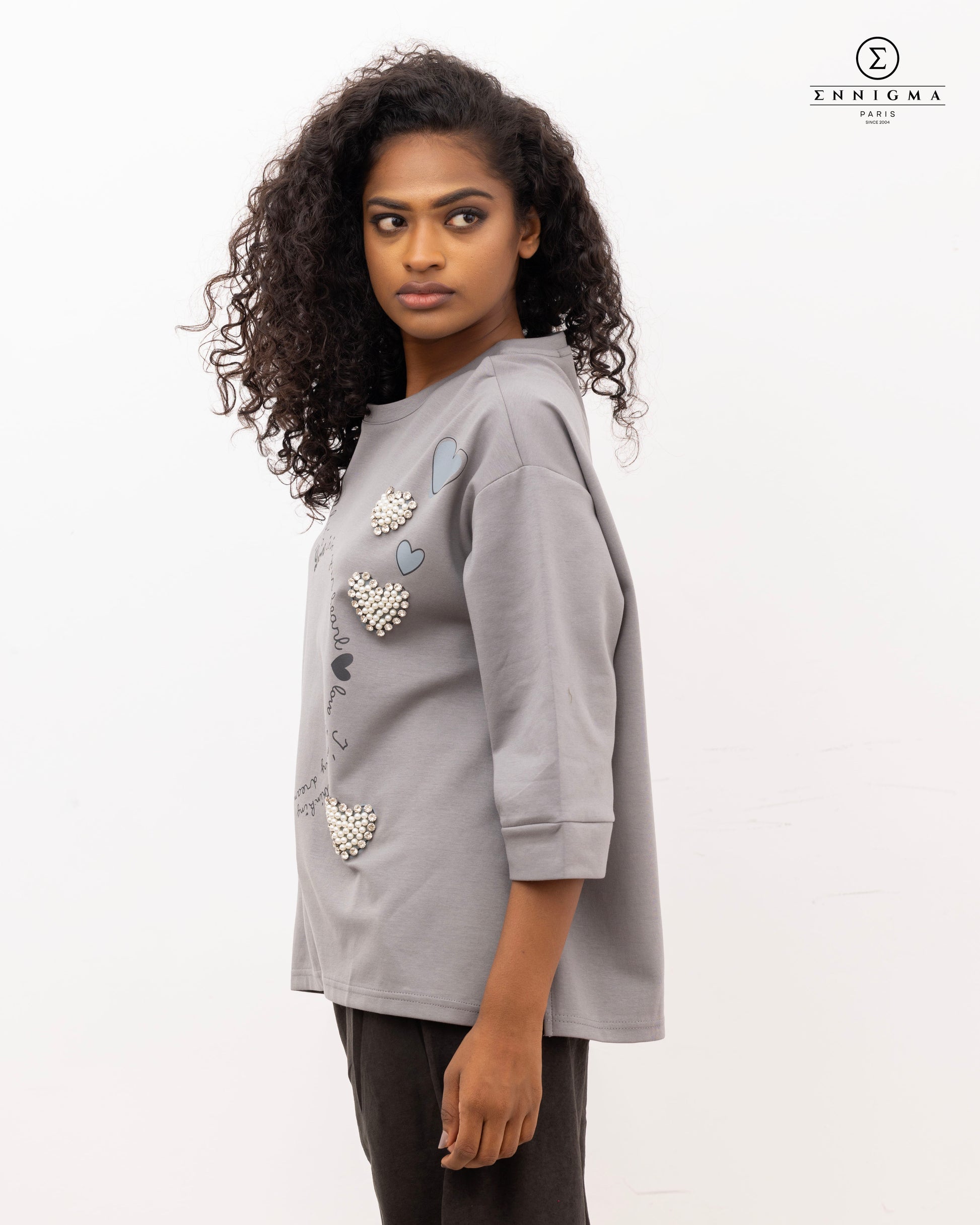 Grey Pearl Heart Embellished Sweatshirt