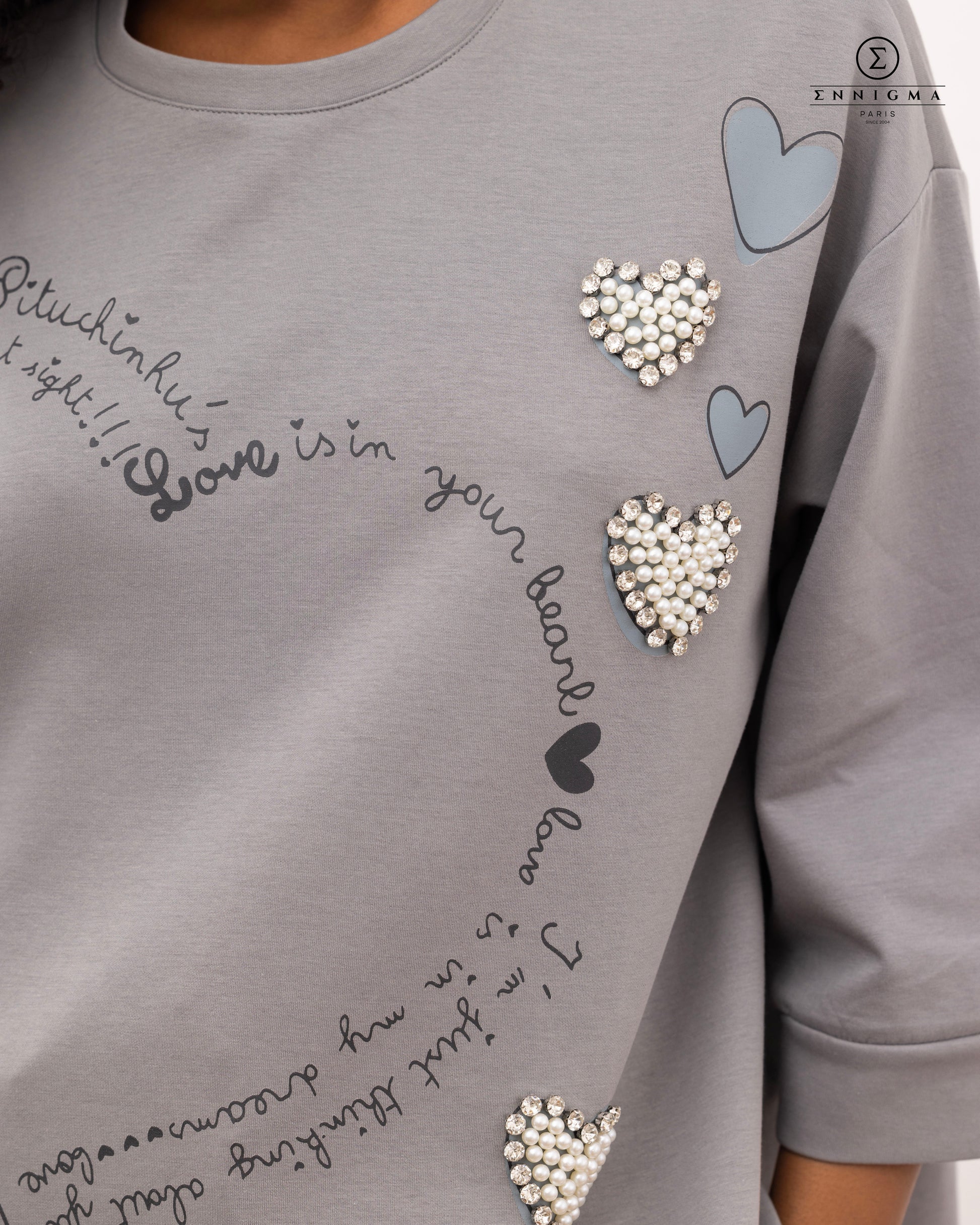 Grey Pearl Heart Embellished Sweatshirt