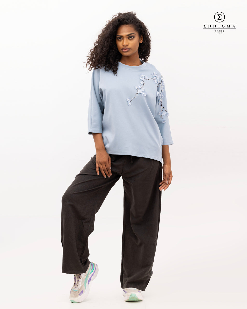 Blue 3D Floral Embroidered Batwing Tee