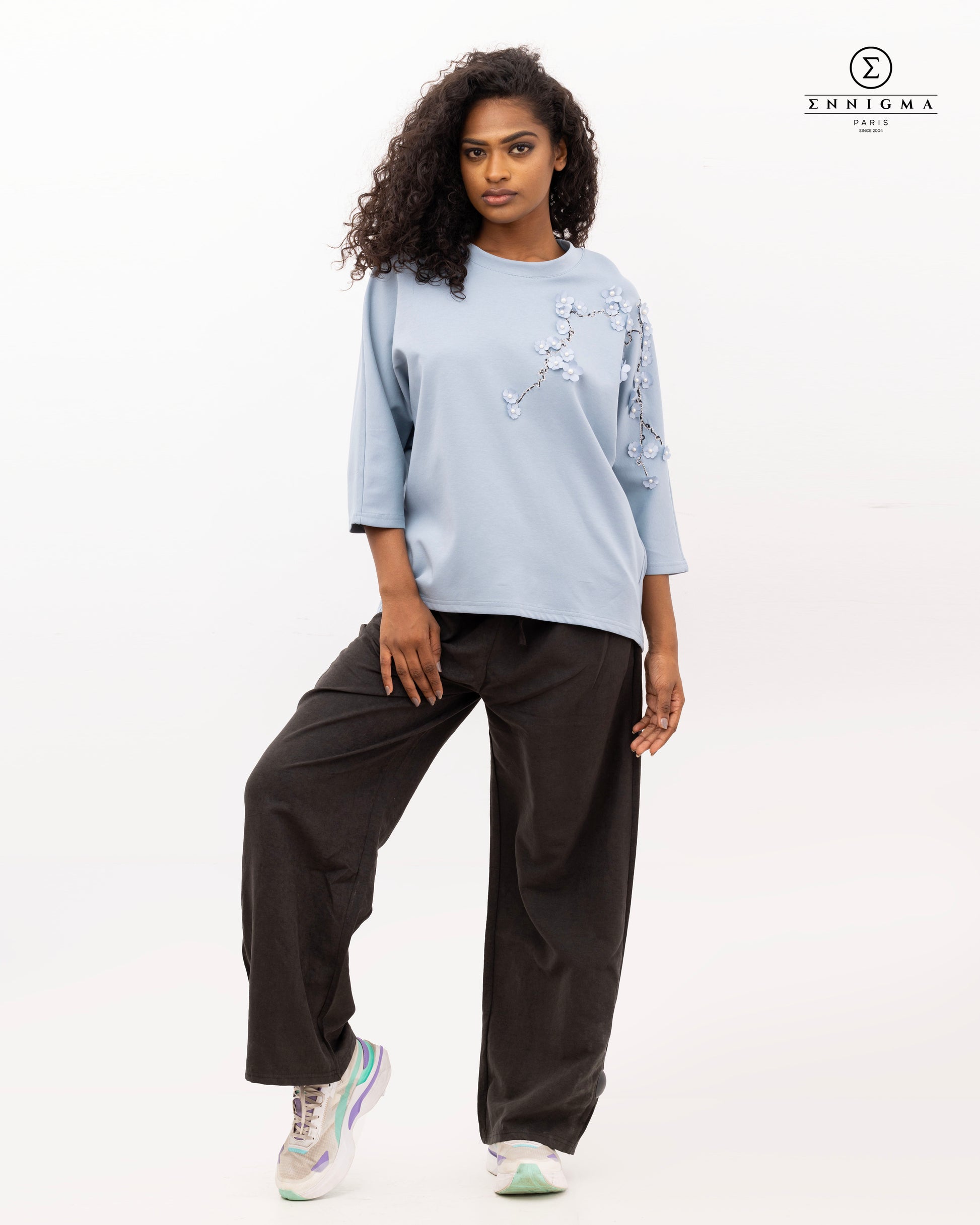 Blue 3D Floral Embroidered Batwing Tee