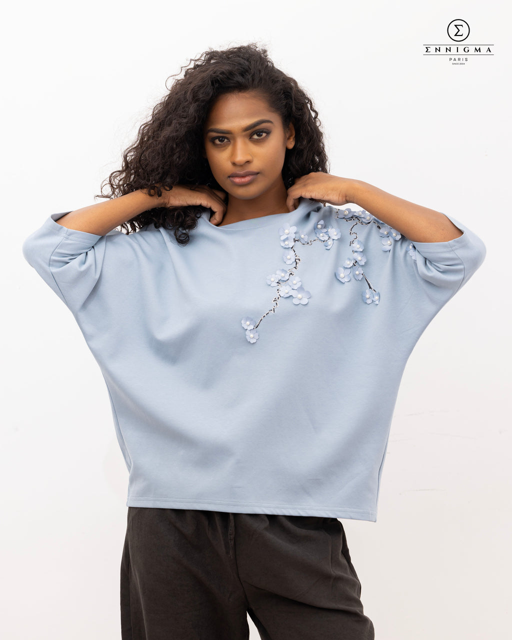 Blue 3D Floral Embroidered Batwing Tee