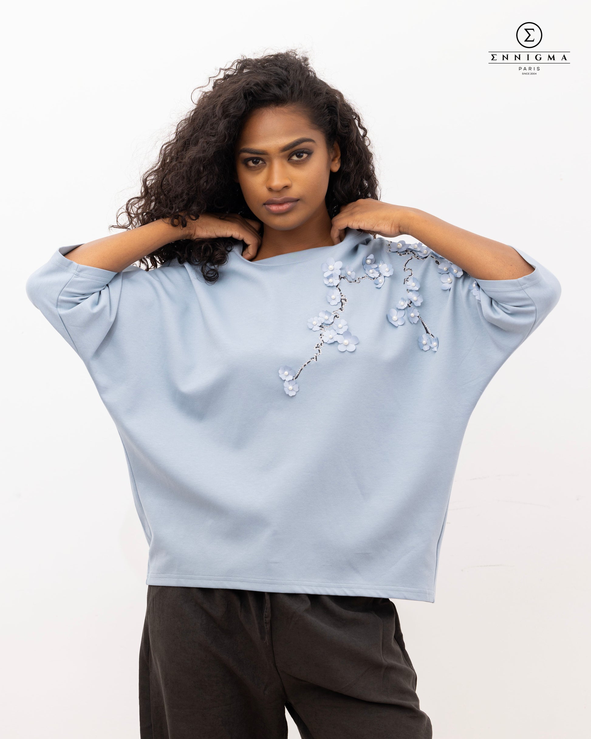 Blue 3D Floral Embroidered Batwing Tee
