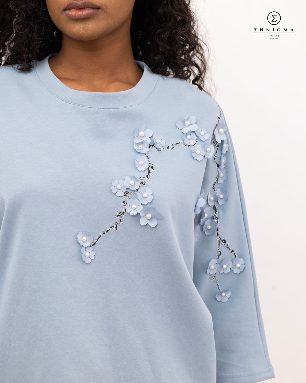 Blue 3D Floral Embroidered Batwing Tee