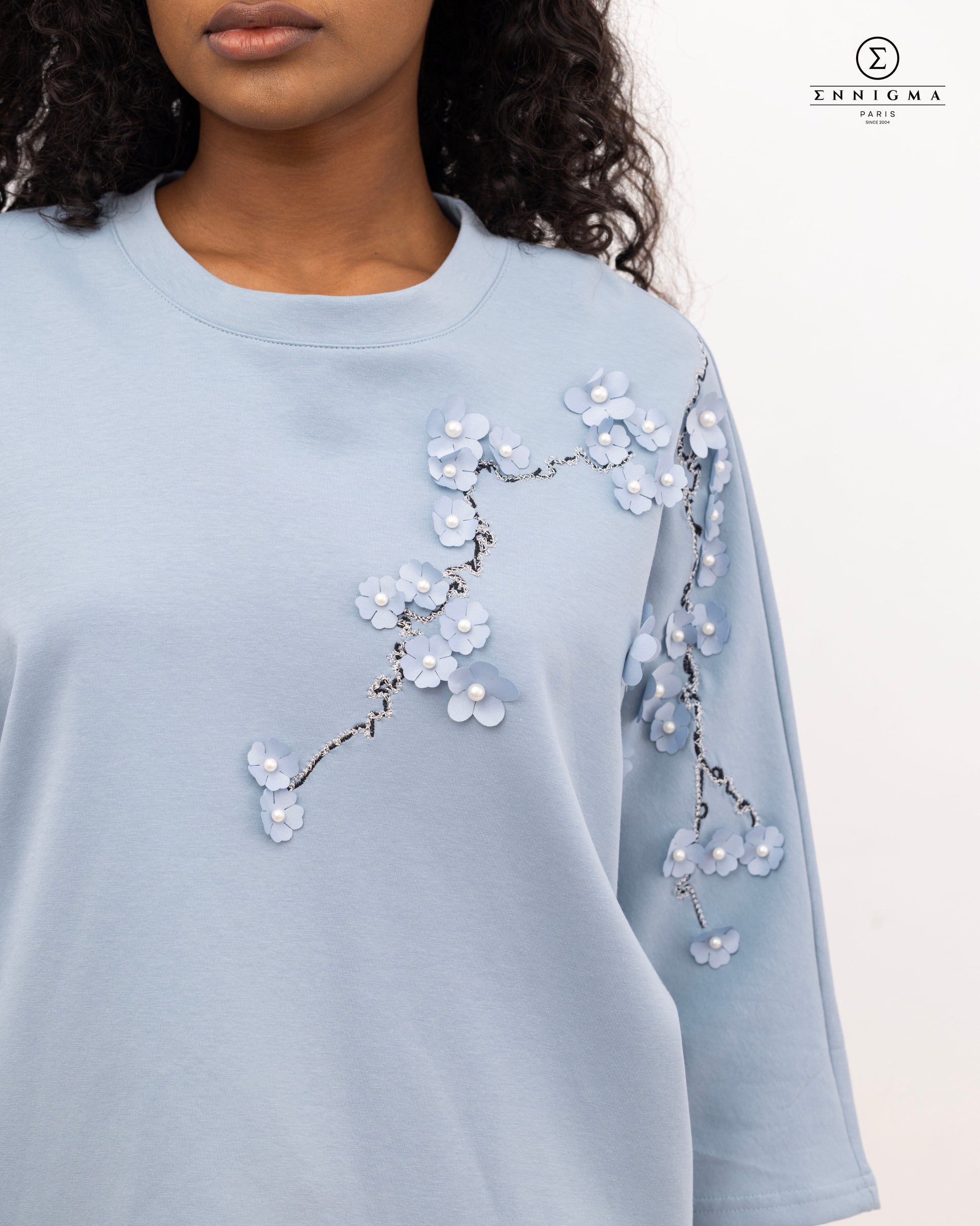 Blue 3D Floral Embroidered Batwing Tee