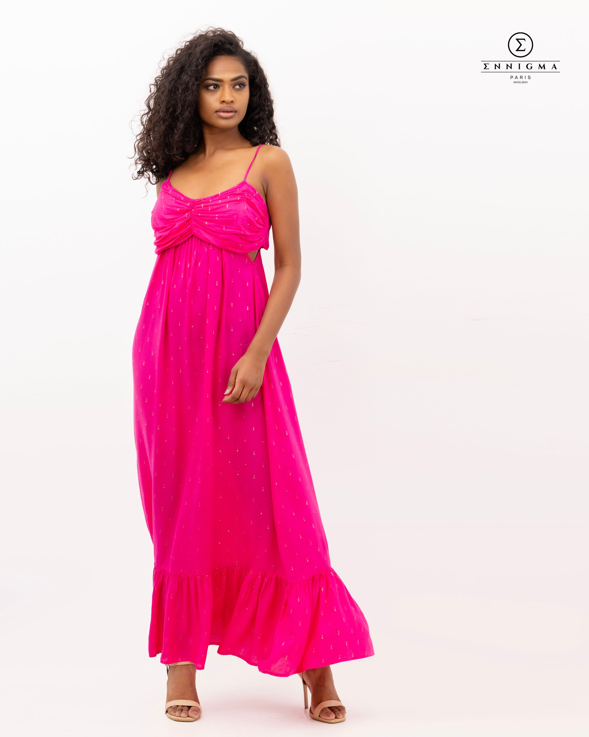 Hot Pink Ruched Tie-Back Maxi Dress