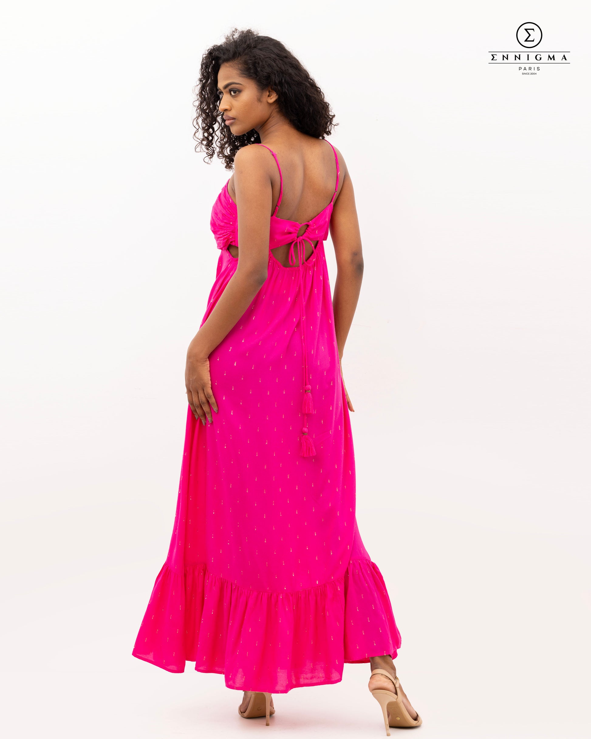 Hot Pink Ruched Tie-Back Maxi Dress