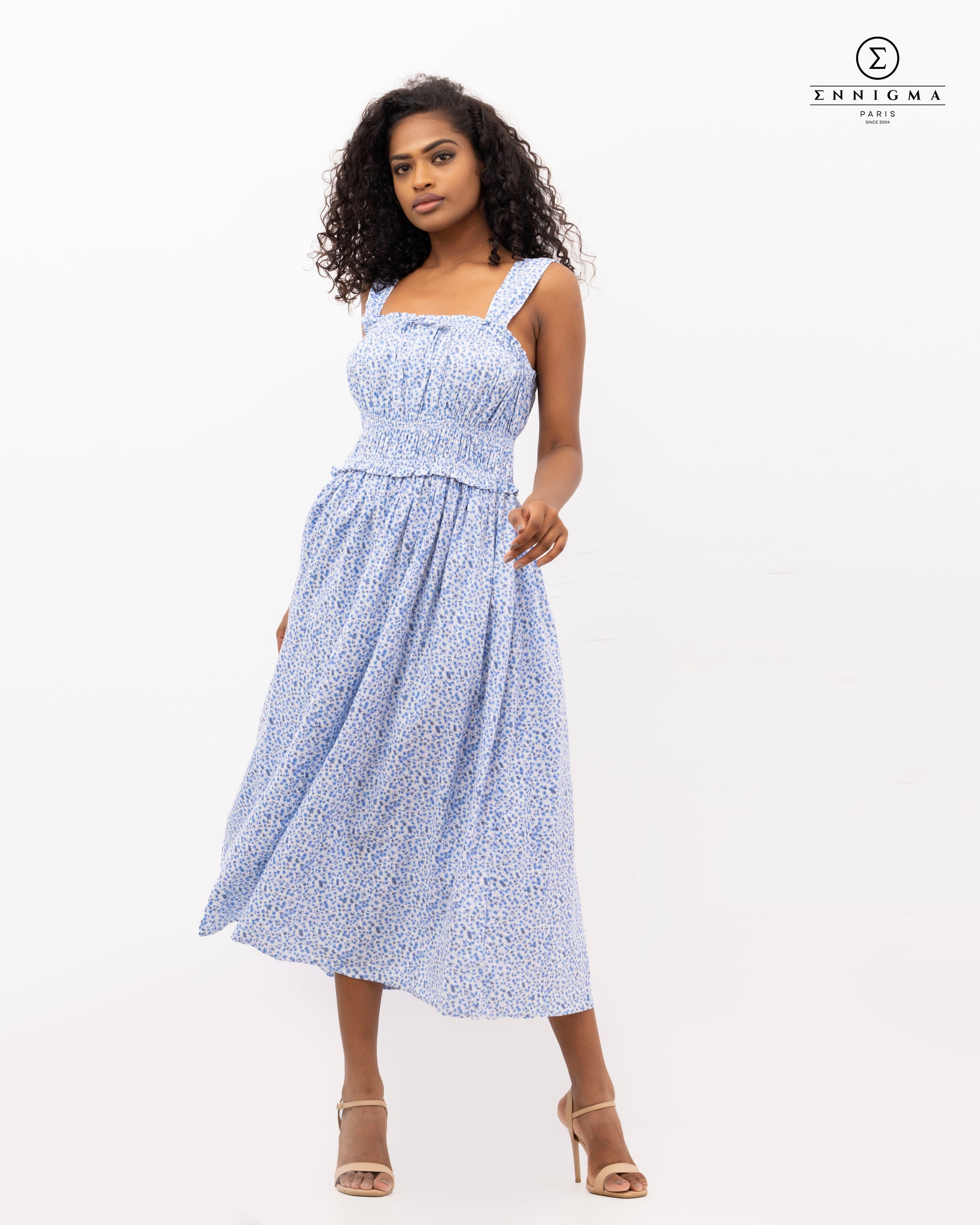 Blue Ditsy Smocked Midi Dress