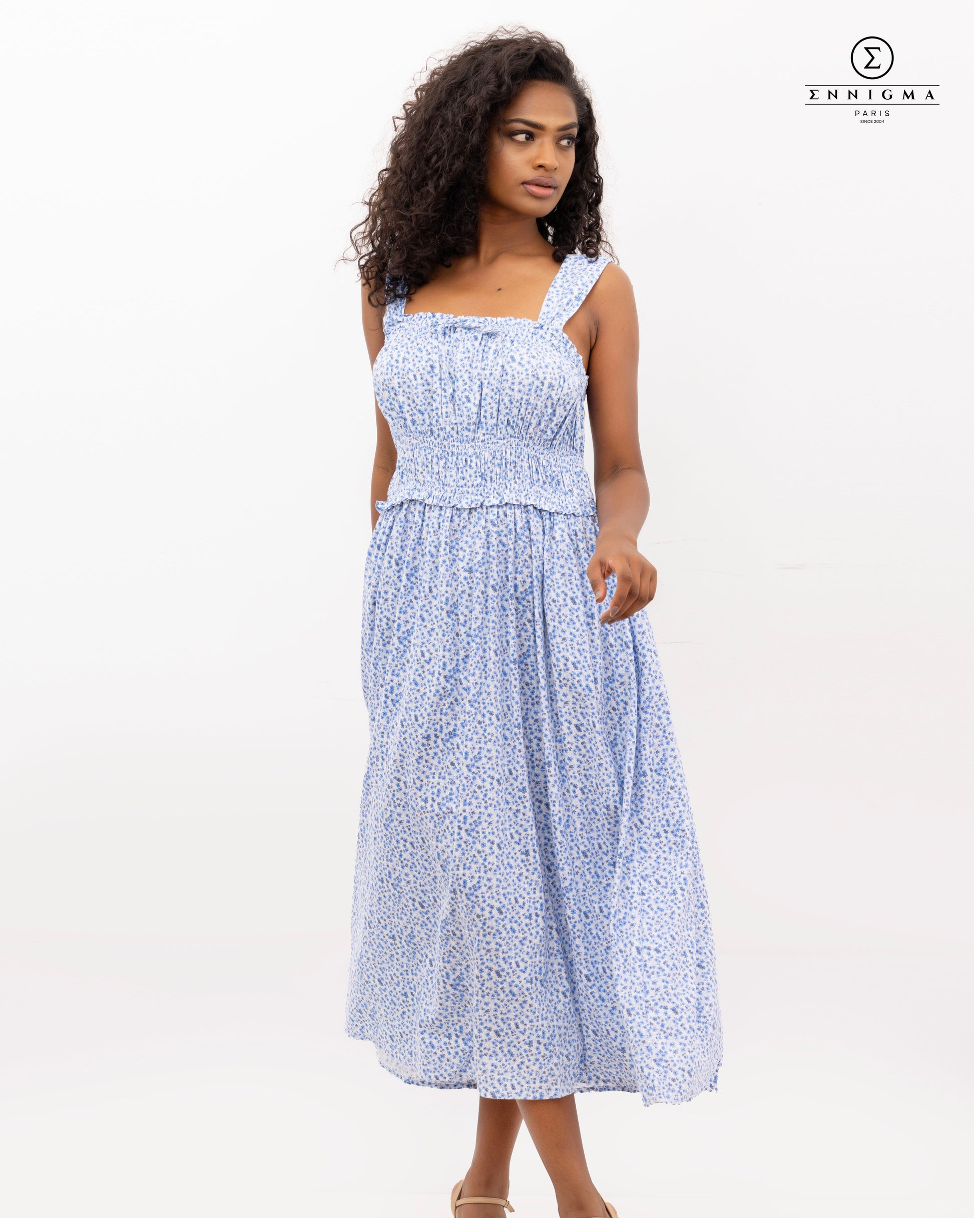 Blue Ditsy Smocked Midi Dress