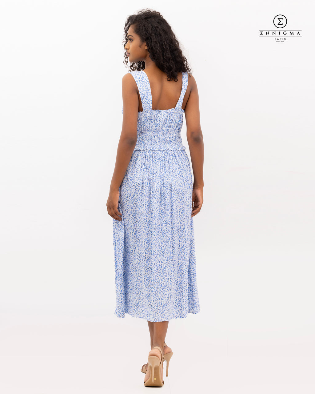 Blue Ditsy Smocked Midi Dress