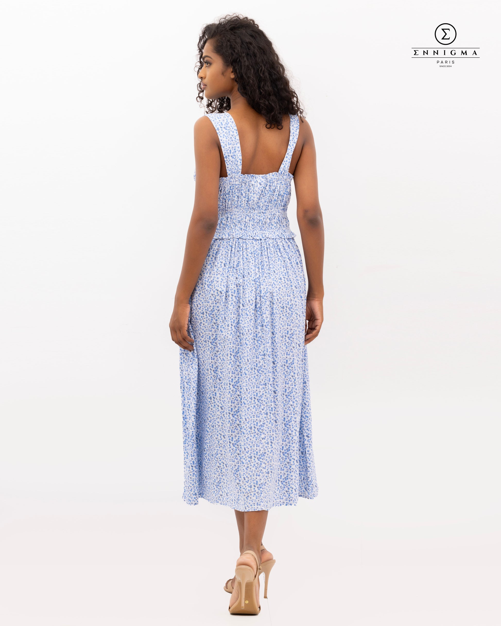 Blue Ditsy Smocked Midi Dress
