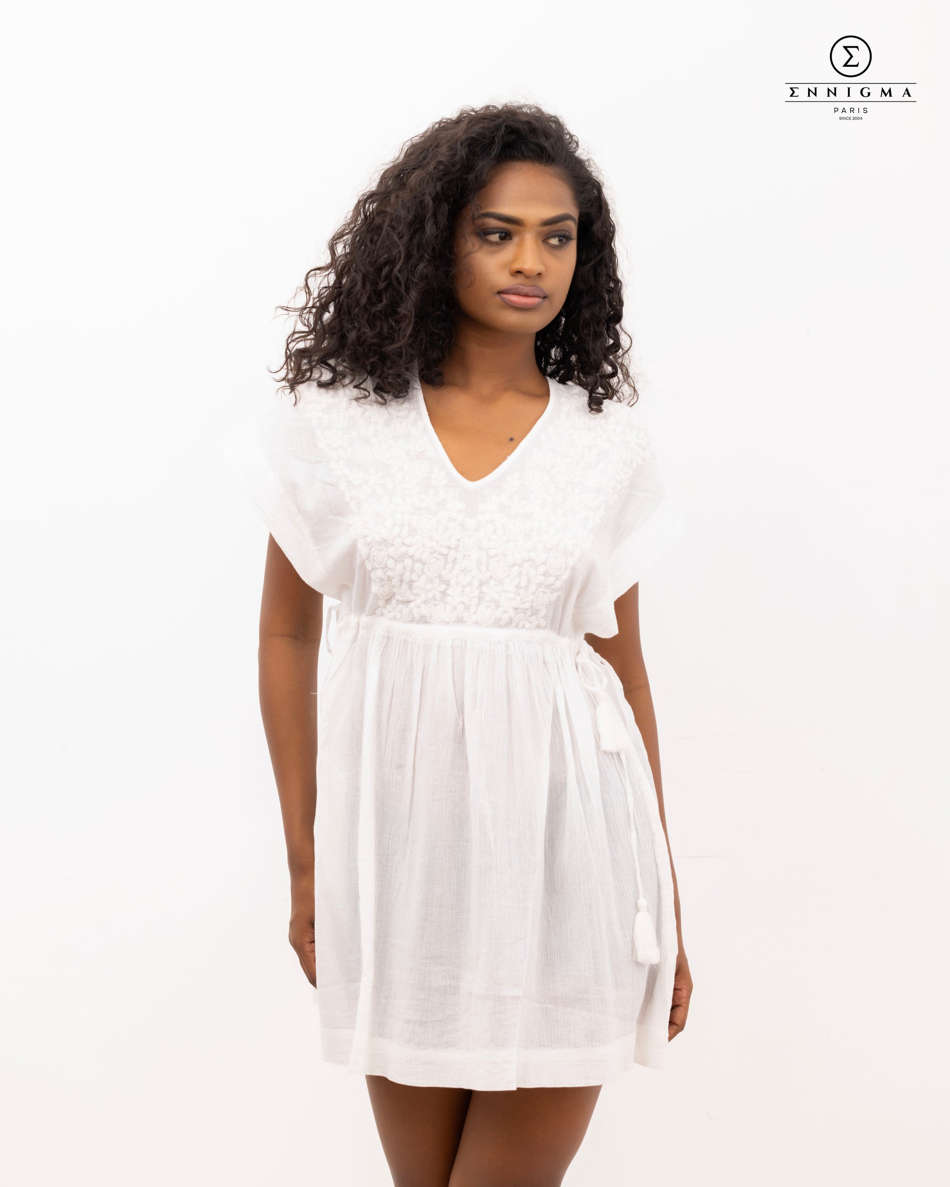 White Textured Embroidery Tie-Waist Mini Dress