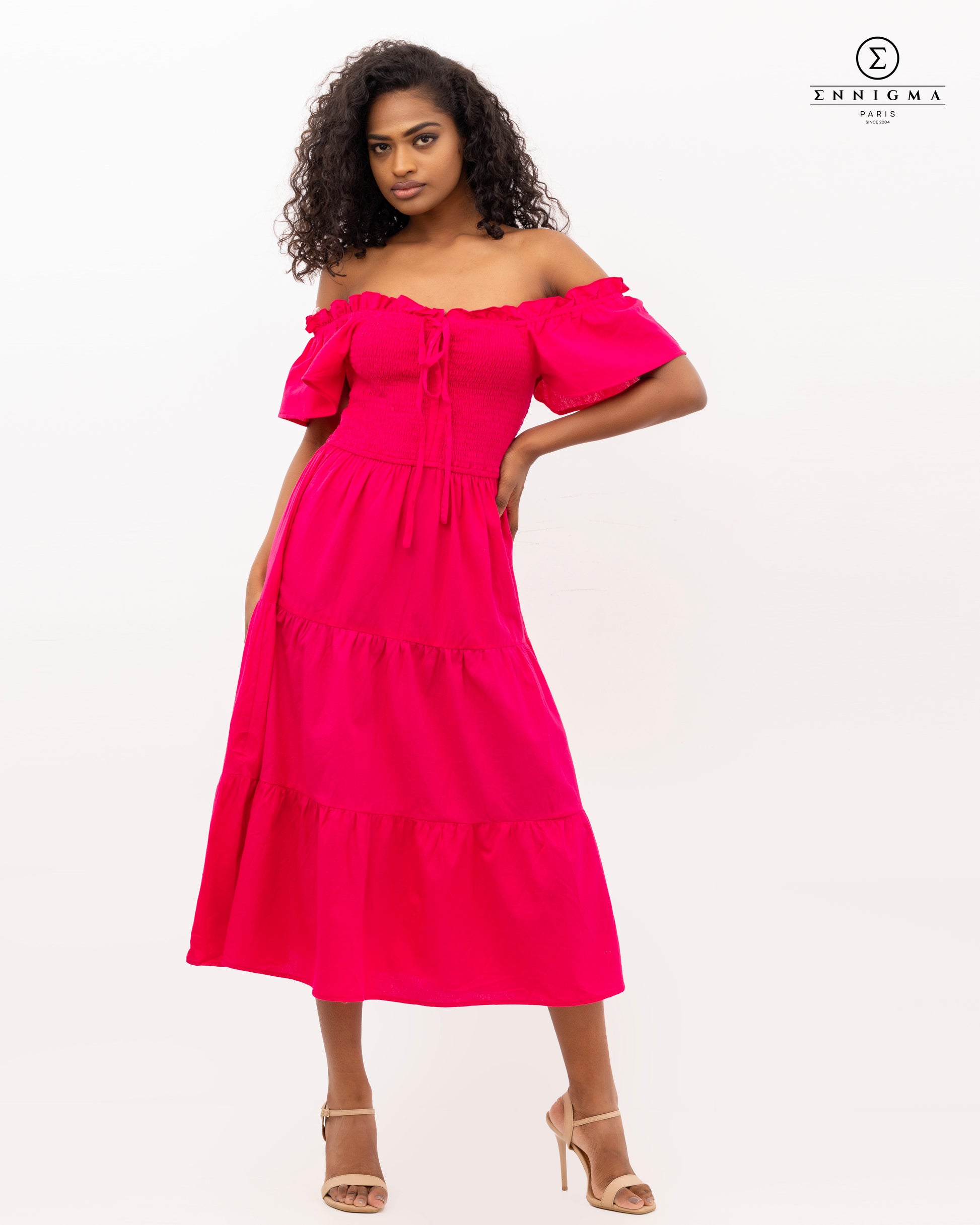 Fuchsia Flare Off-Shoulder Midi Dress