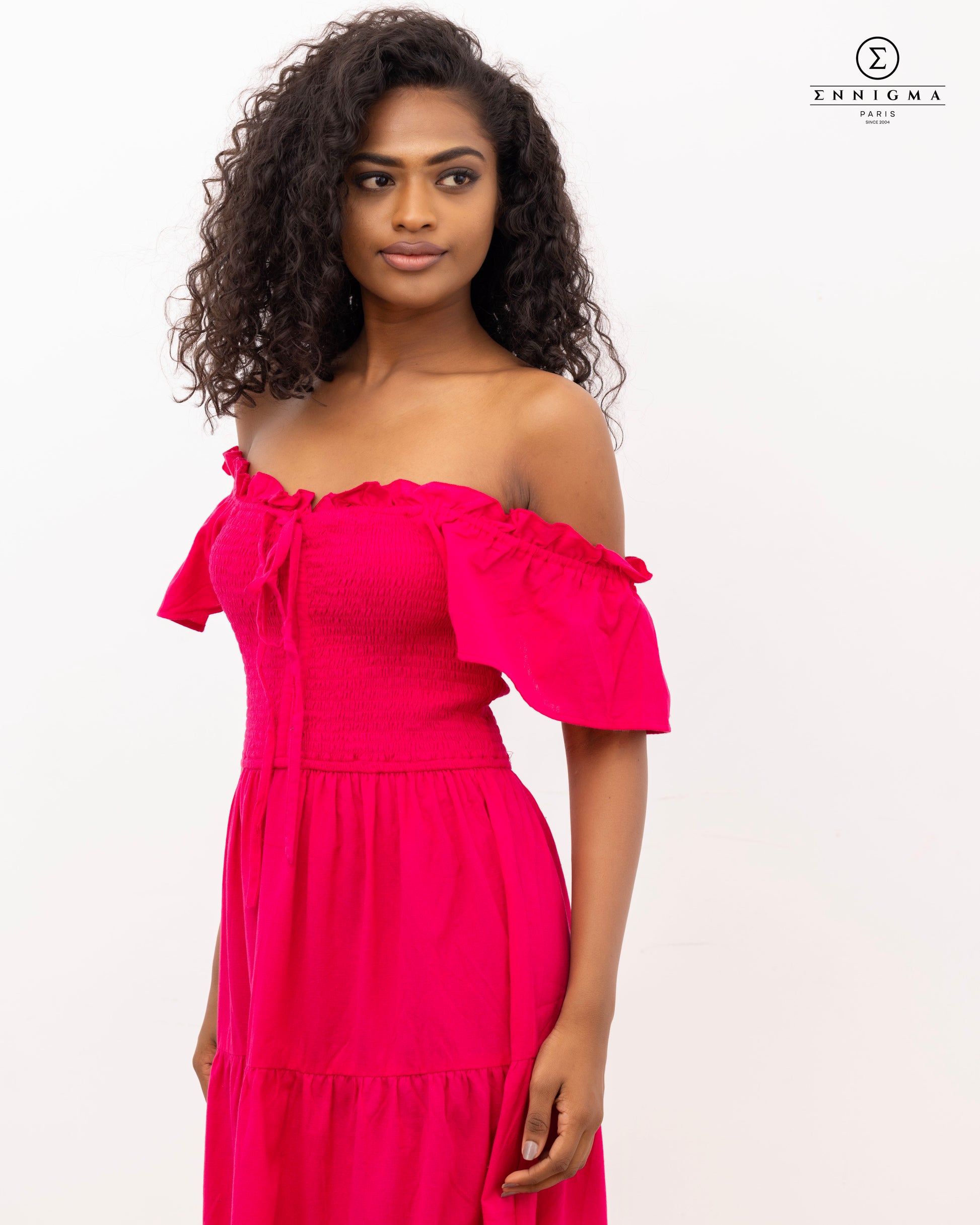 Fuchsia Flare Off-Shoulder Midi Dress