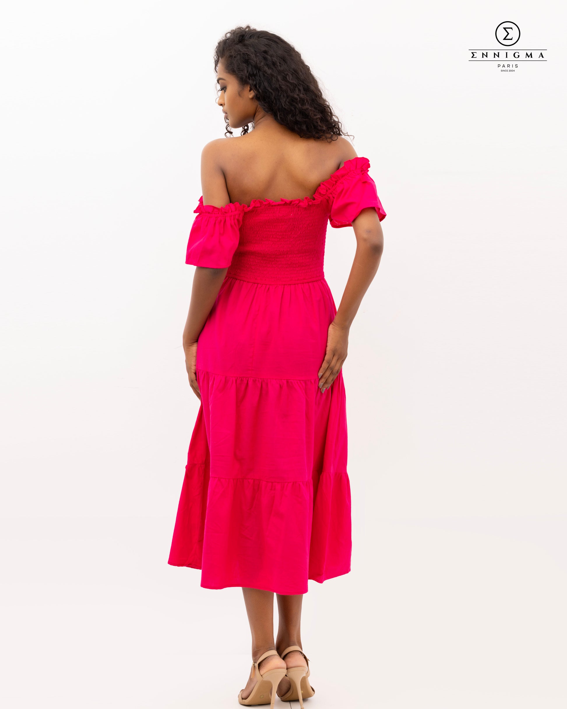 Fuchsia Flare Off-Shoulder Midi Dress