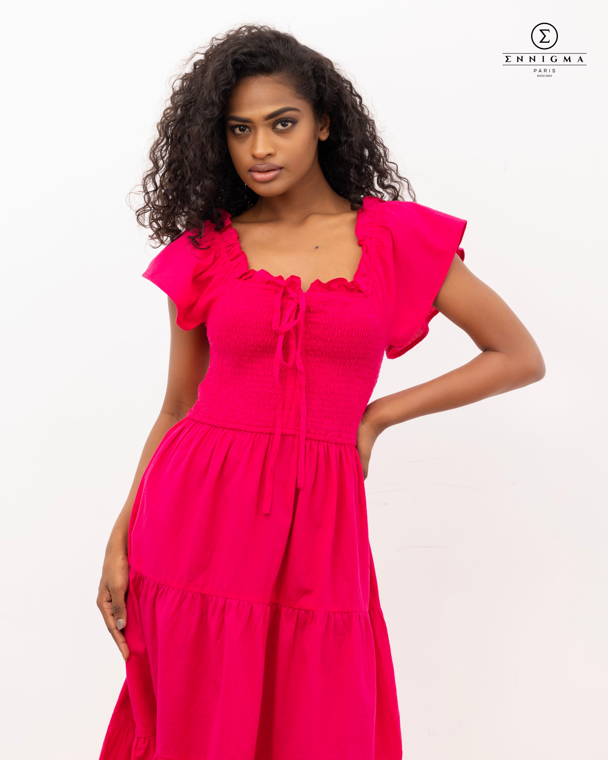 Fuchsia Flare Off-Shoulder Midi Dress