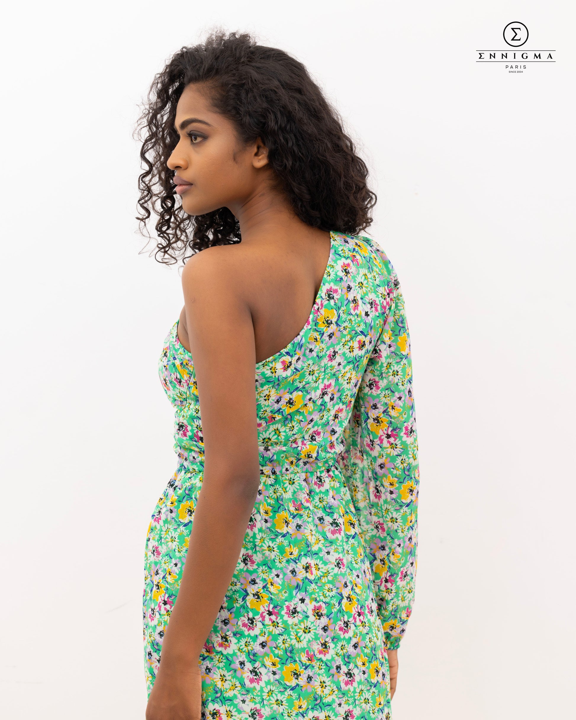 Green One-Shoulder Floral Mini Dress