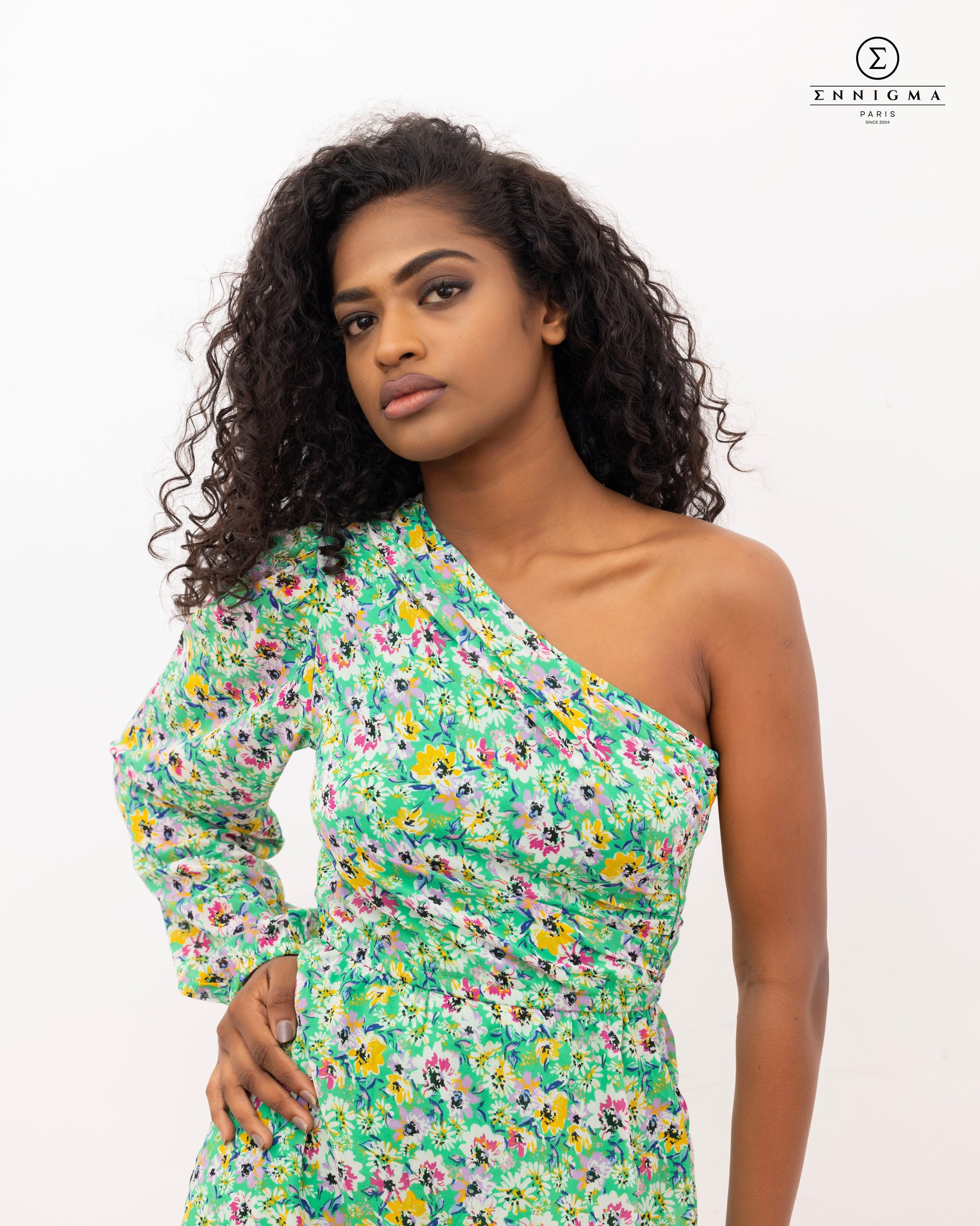 Green One-Shoulder Floral Mini Dress