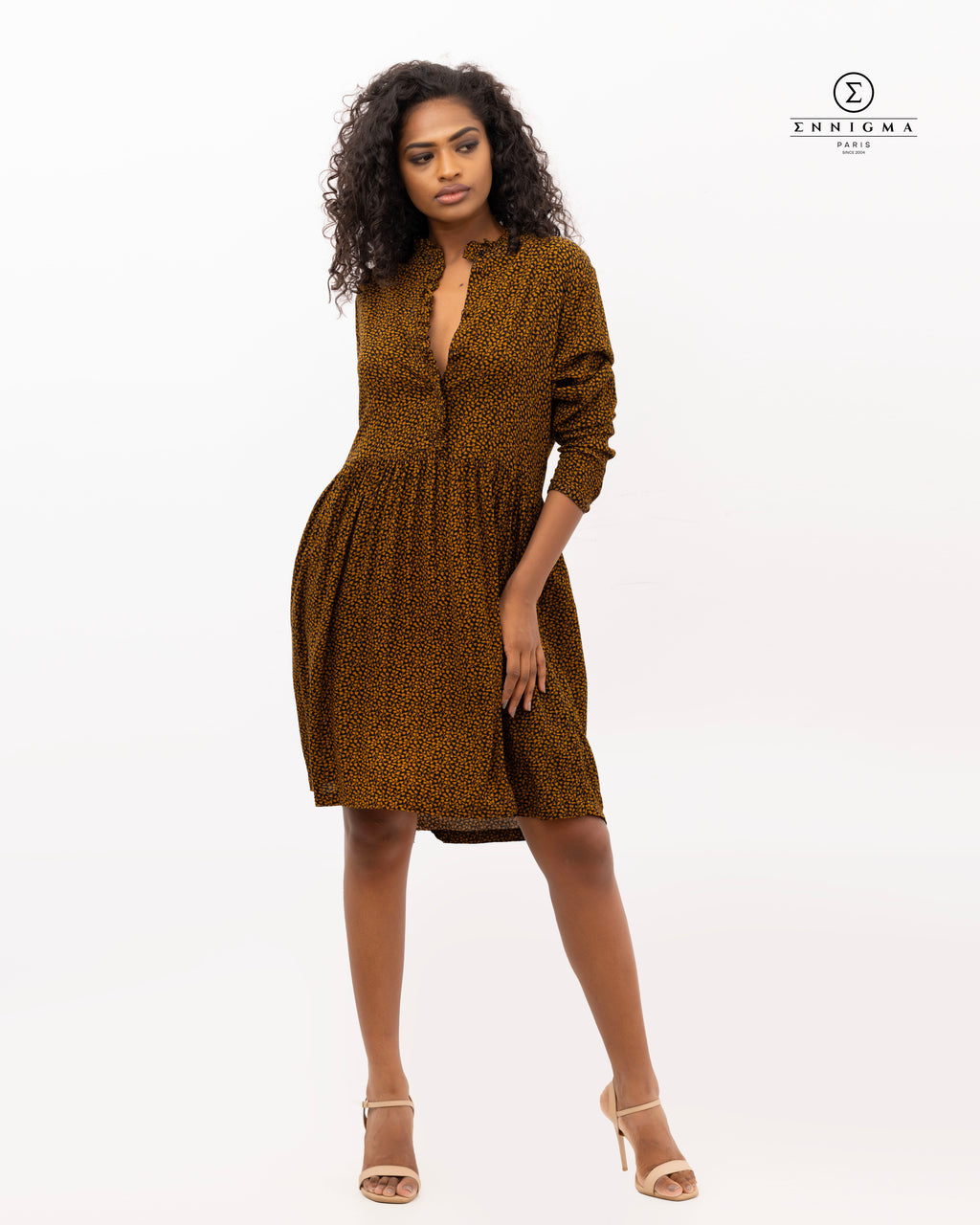 Mustard Floral Button-Front Midi Dress