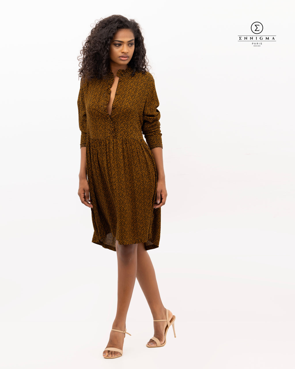 Mustard Floral Button-Front Midi Dress