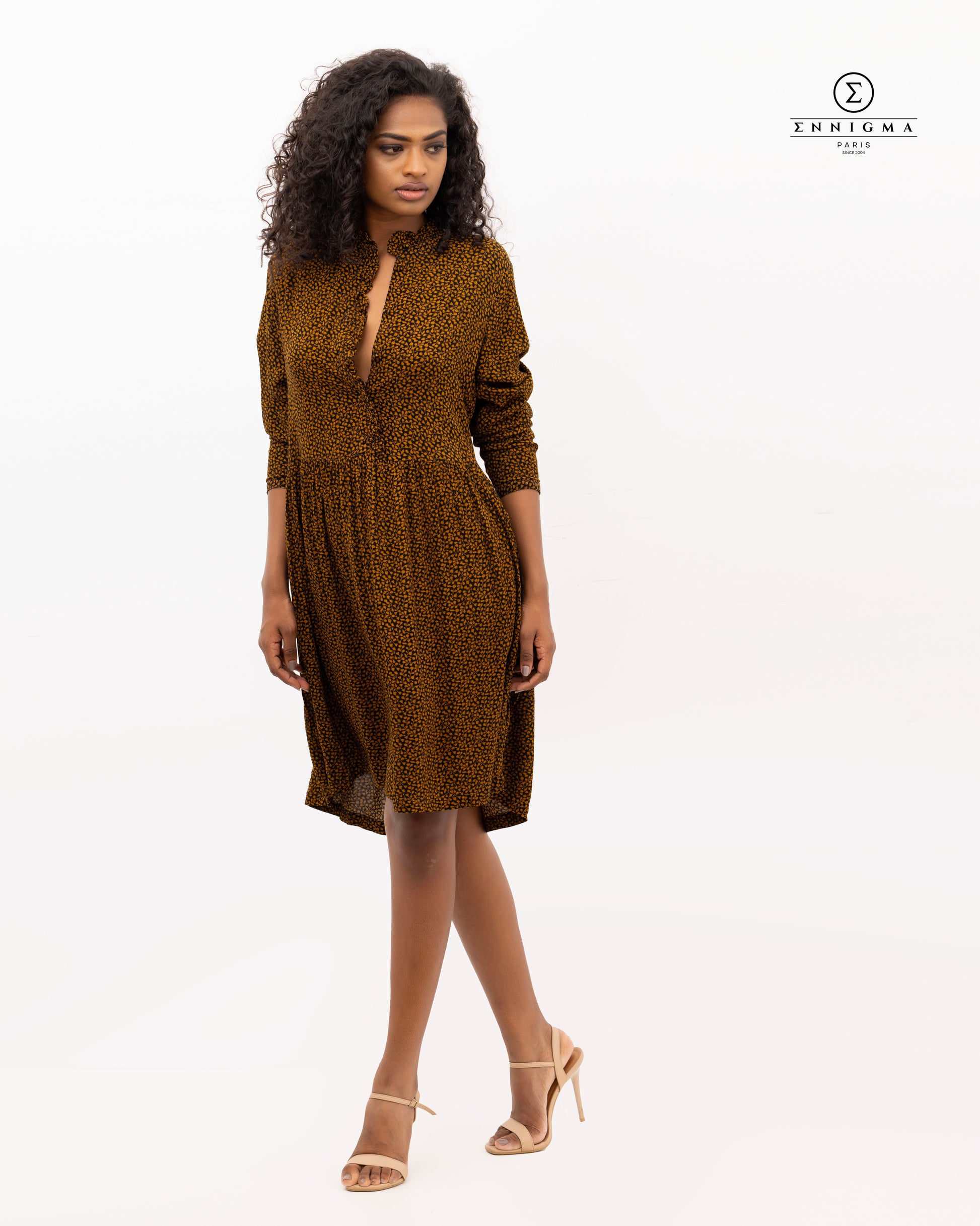 Mustard Floral Button-Front Midi Dress