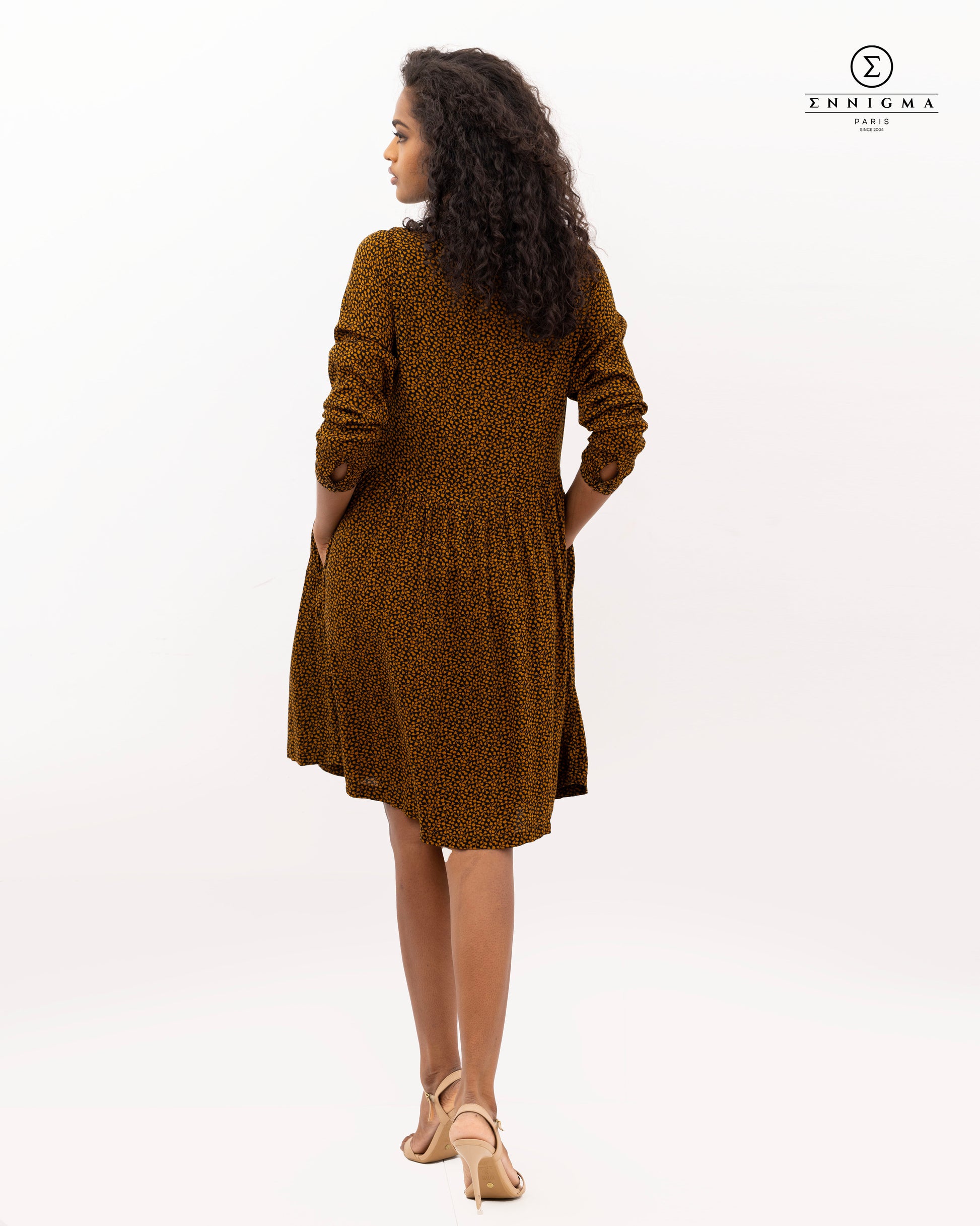 Mustard Floral Button-Front Midi Dress
